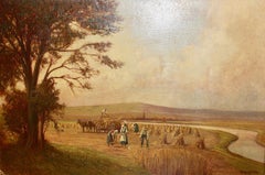 Antique painting, 19th century, oil on canvas, harvest by the river.
