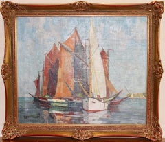 Peinture décorative, ancienne, huile sur toile. Voiliers au bord du lac.