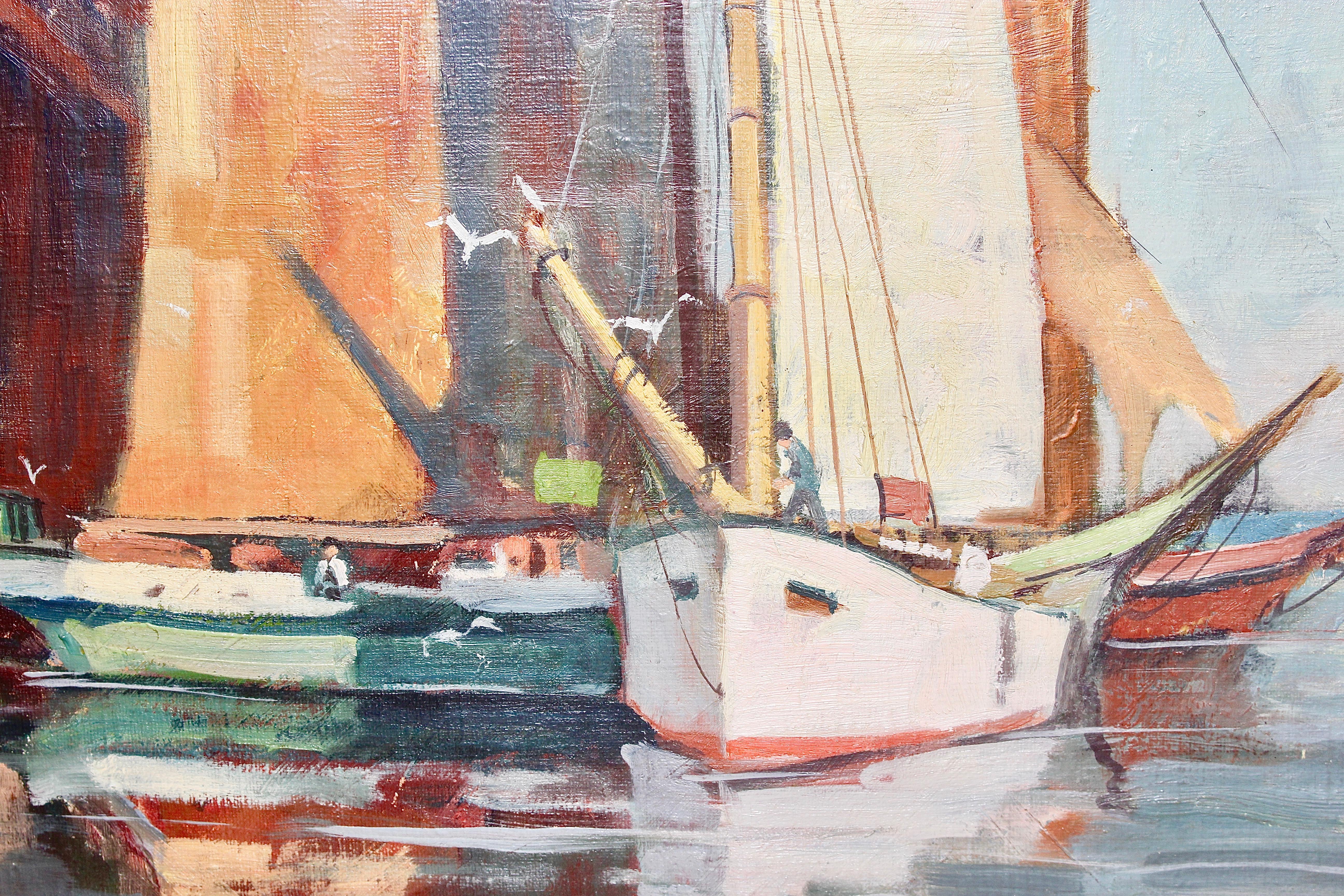 Peinture décorative, ancienne, huile sur toile. Voiliers au bord du lac. - Impressionnisme Painting par GEORG LEHMANN-FAHRWASSER