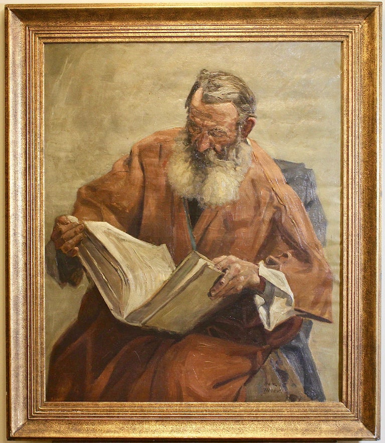Antique painting, 19th century, oil on canvas, Reading Researcher, Cleric. - Painting by Franz Mark