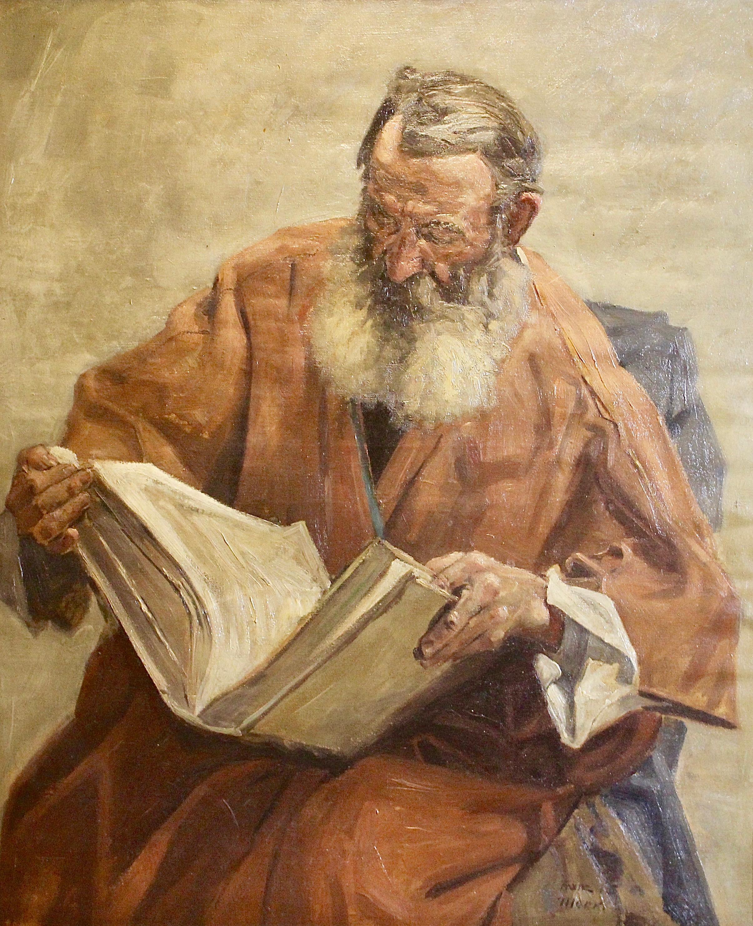 Franz Mark Figurative Painting - Antique painting, 19th century, oil on canvas, Reading Researcher, Cleric.
