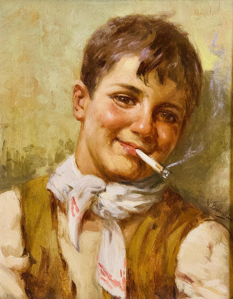 V. Bianchini, "Ragazzo Napoletano" Neapolitan Boy, Italy, Antique Oil Painting - Brown Figurative Painting by V. Bianchini