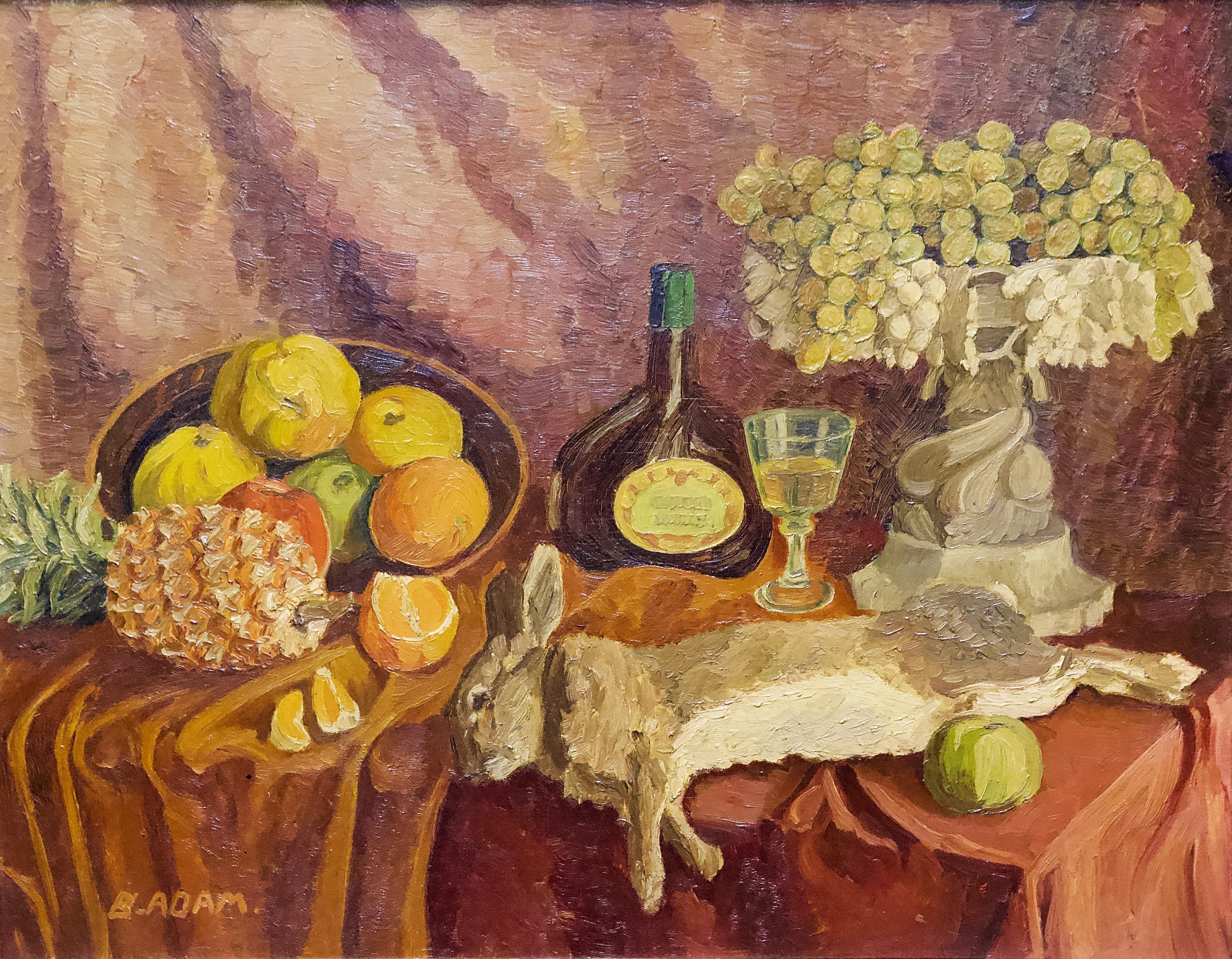 B. Adam Still-Life Painting - Antique Painting, Hunting Still Life, impressionist style. Oil on wood.