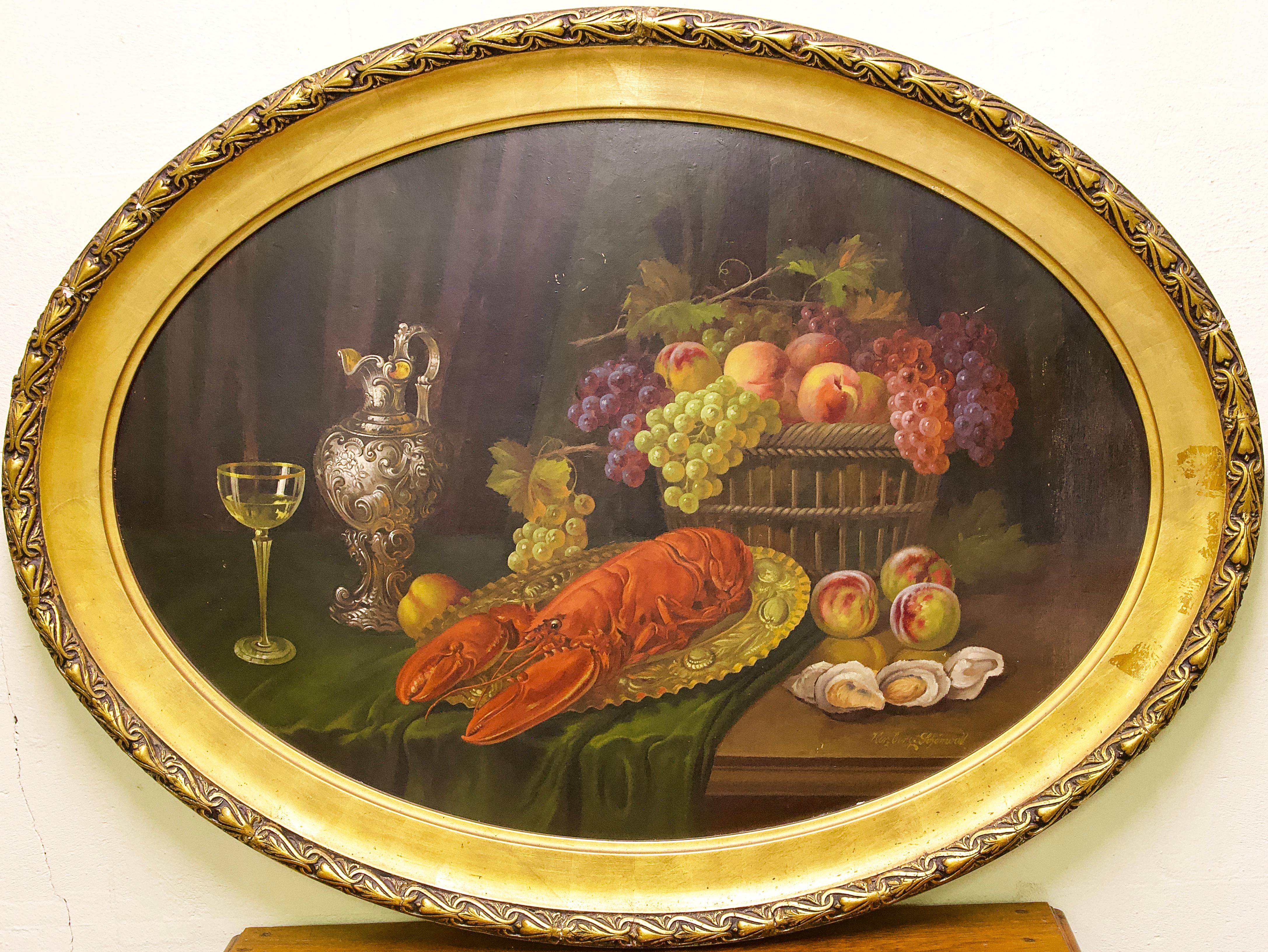 Ovales Stillleben, mit Früchten und Hummer. Ölgemälde von Herzberg-Schnwald. – Painting von F. Herzberg-Schönwald