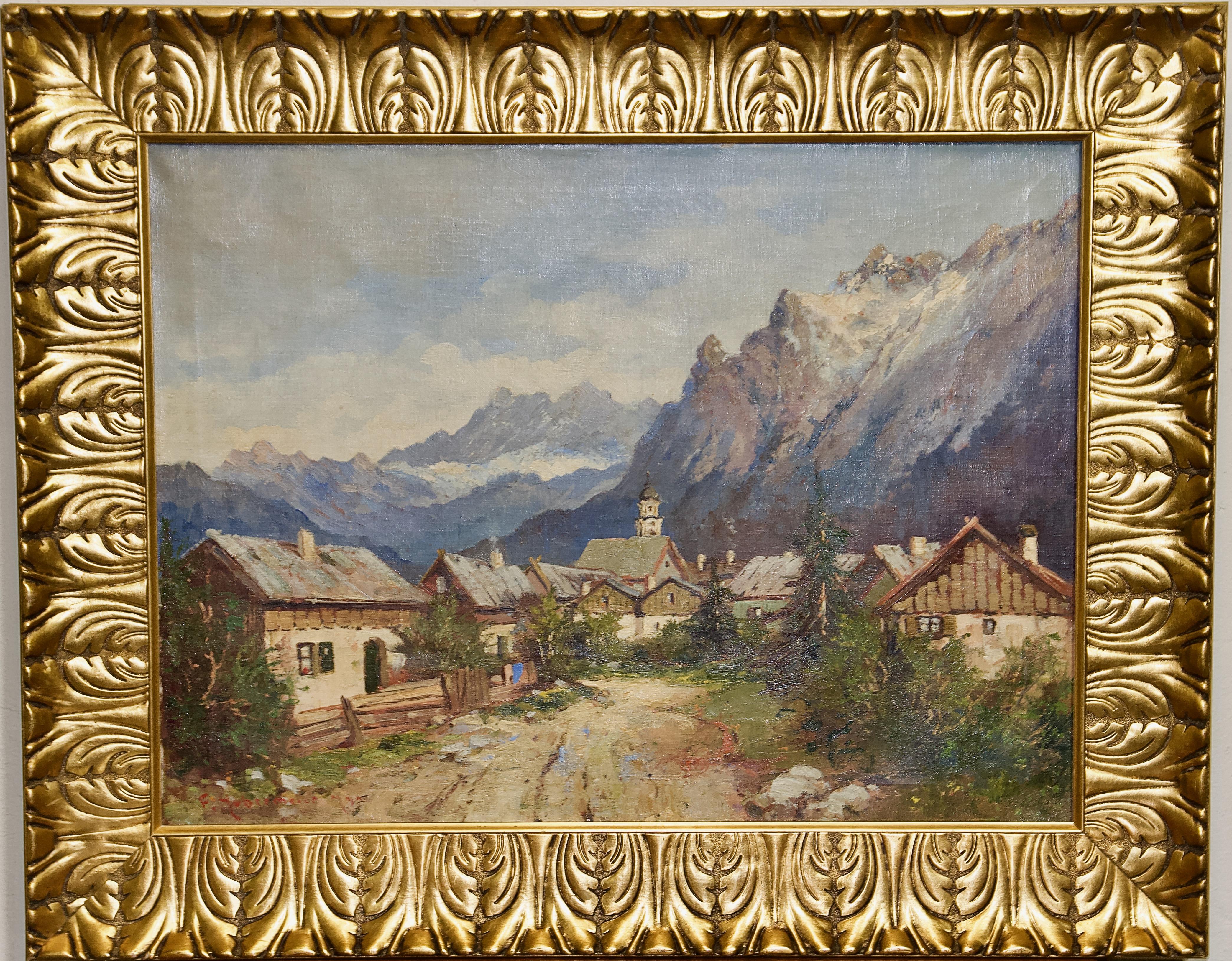 Landscape Painting F. Hubermeier - Peinture à l'huile ancienne, paysage alpin, Village dans les montagnes.