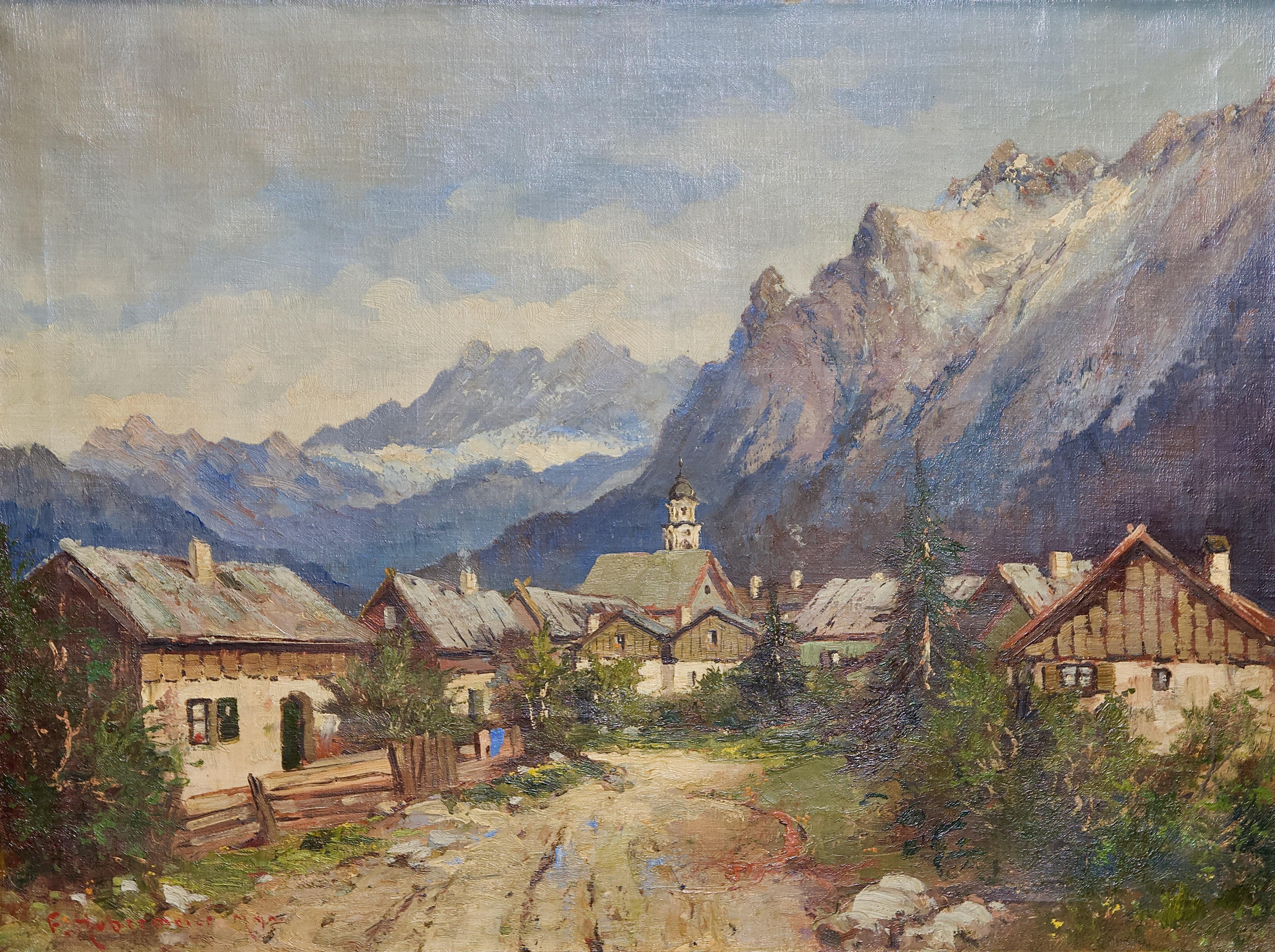 Peinture à l'huile ancienne, paysage alpin, Village dans les montagnes. - Painting de F. Hubermeier