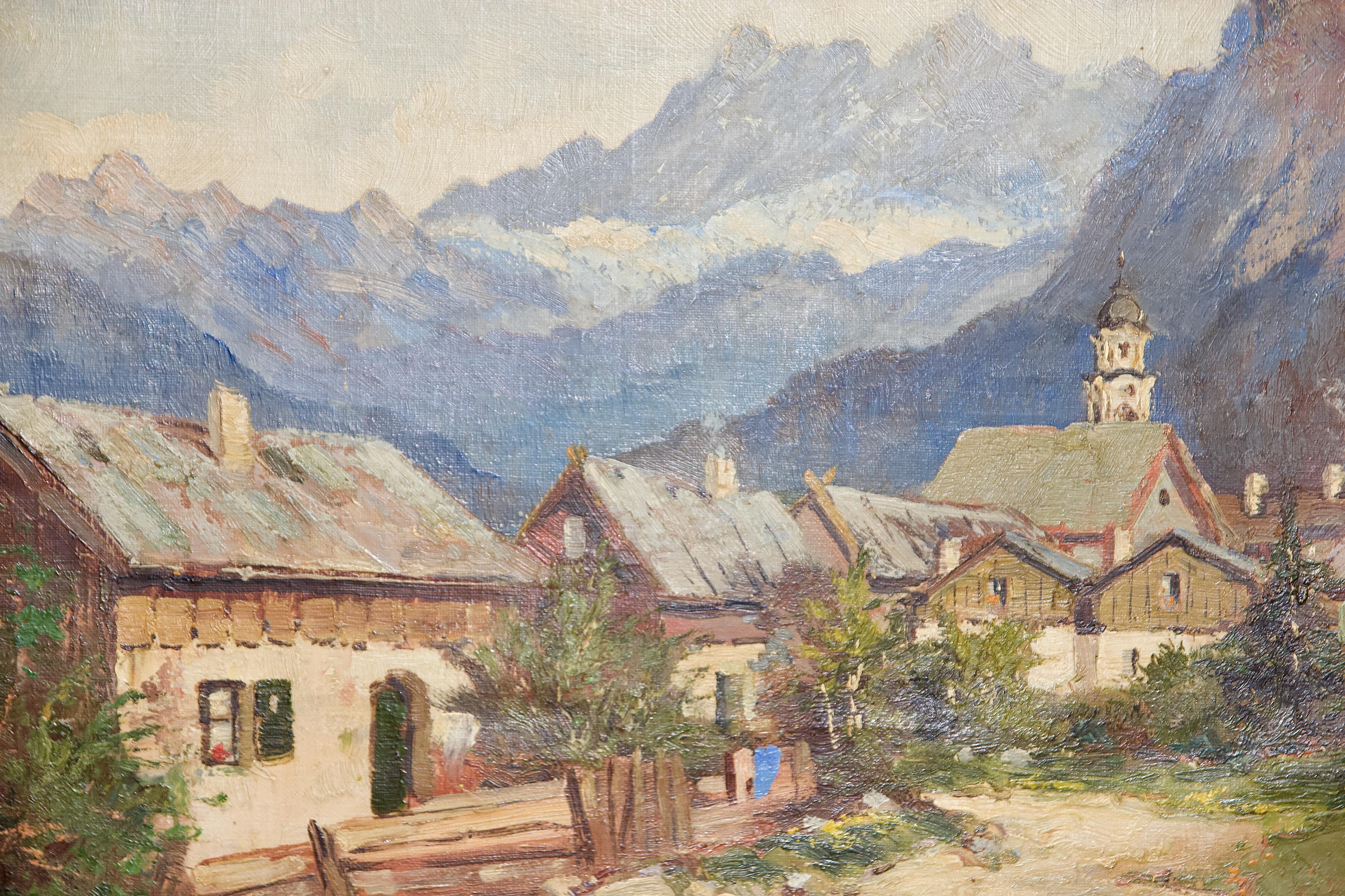 Peinture à l'huile ancienne, paysage alpin, Village dans les montagnes. - Marron Landscape Painting par F. Hubermeier