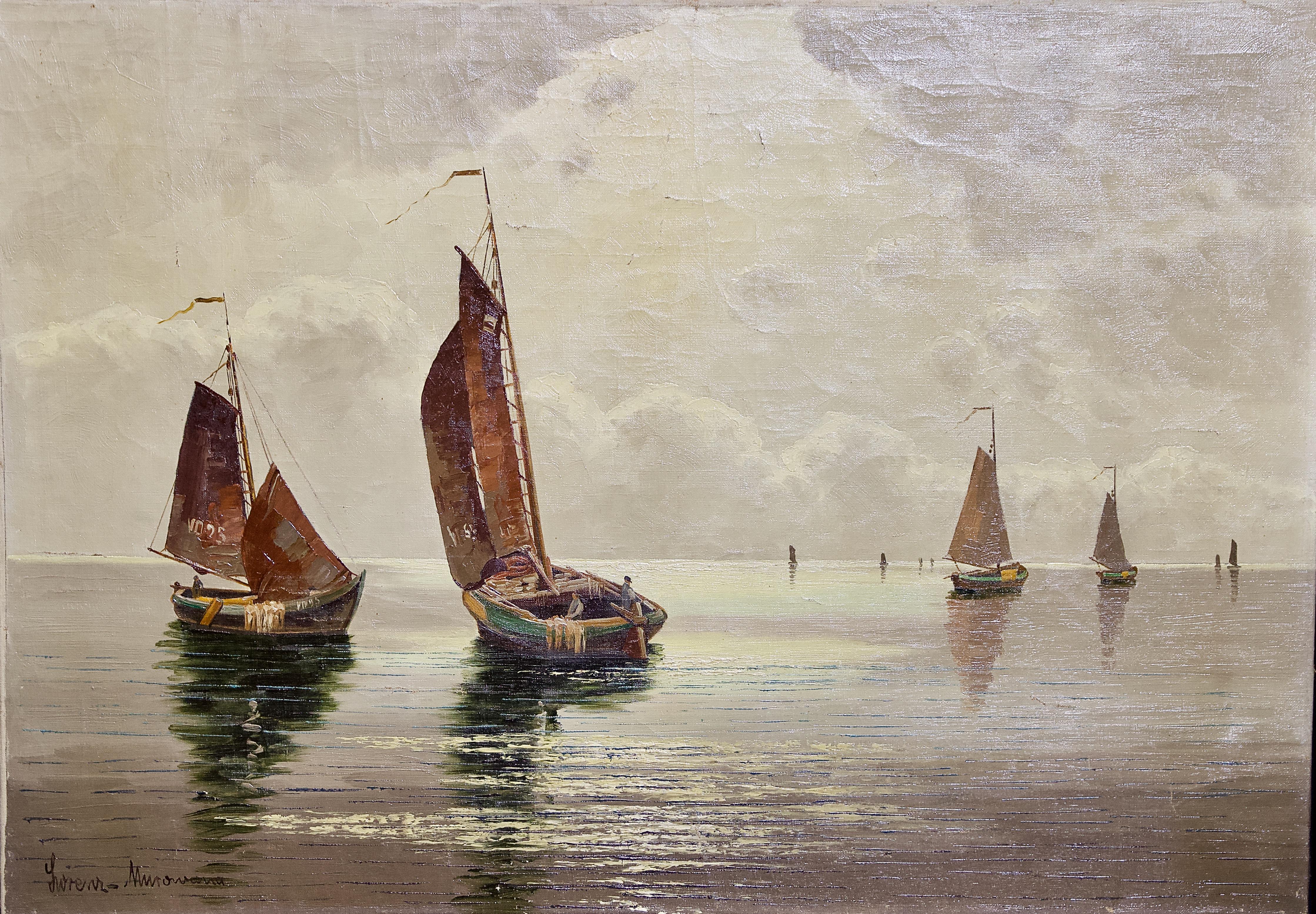 Ernst Hugo Lorenz-Murowana Landscape Painting - Sailboats, Fishing Boats by the Sea. Oil Painting by E. H. Lorenz-Murowana.