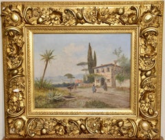 Antique oil painting, 19th century, Italian coastal view.