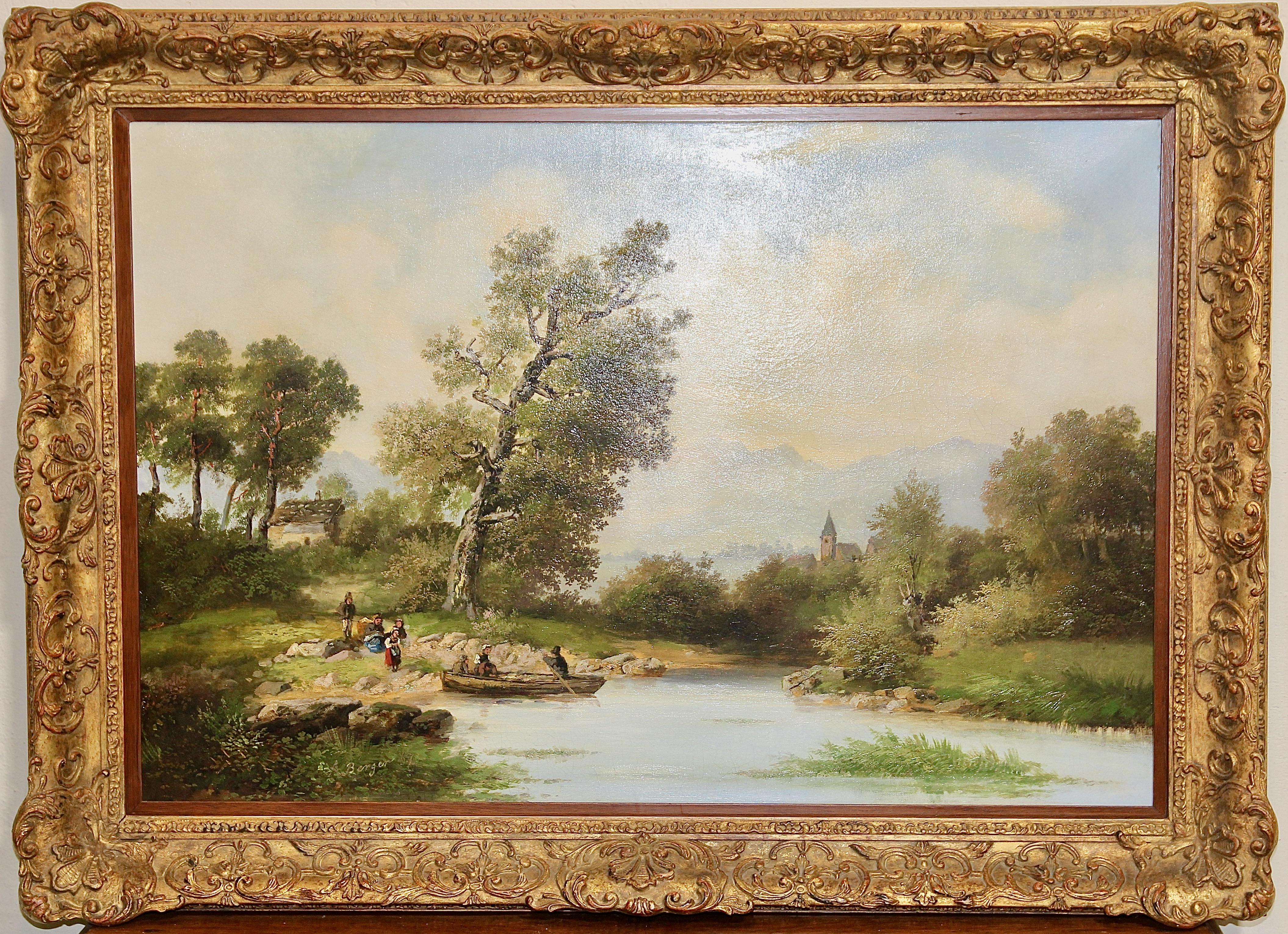 Figurative Painting A. Berger - Peinture à l'huile ancienne et décorative. Paysage romantique de rivière.