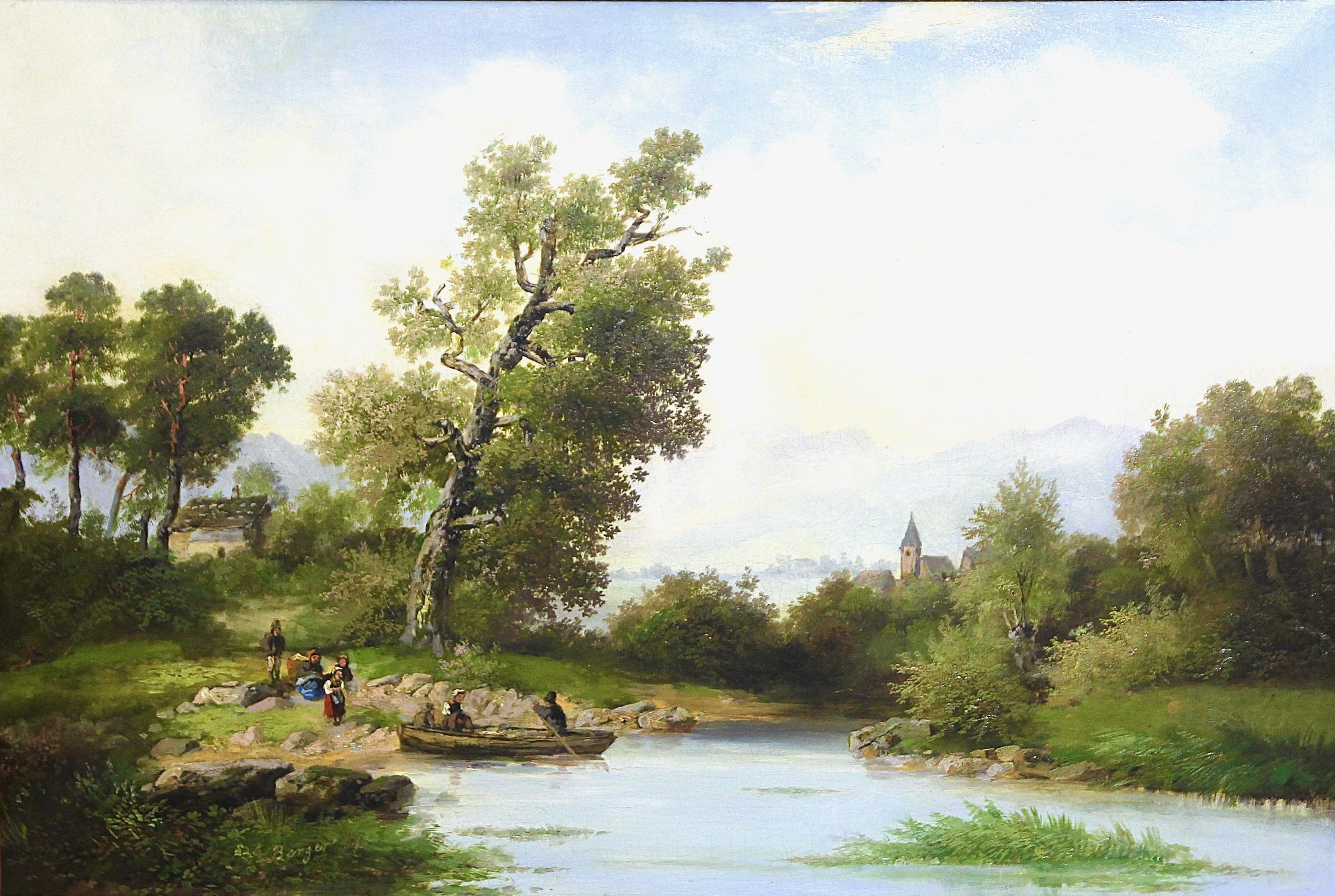 Peinture à l'huile ancienne et décorative. Paysage romantique de rivière. - Painting de A. Berger