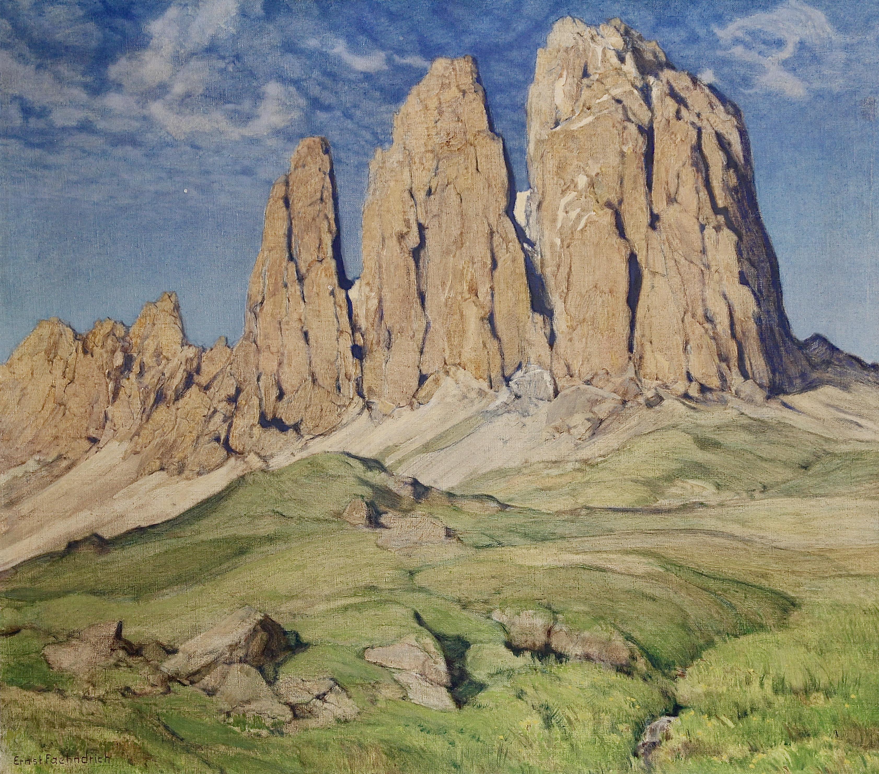 Peinture à l'huile ancienne, paysage de montagne par Ernst Faehndrich. en vente 1