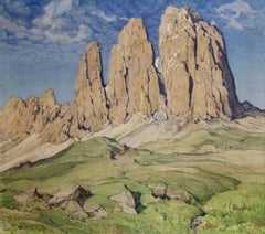 Peinture à l'huile ancienne, paysage de montagne par Ernst Faehndrich.