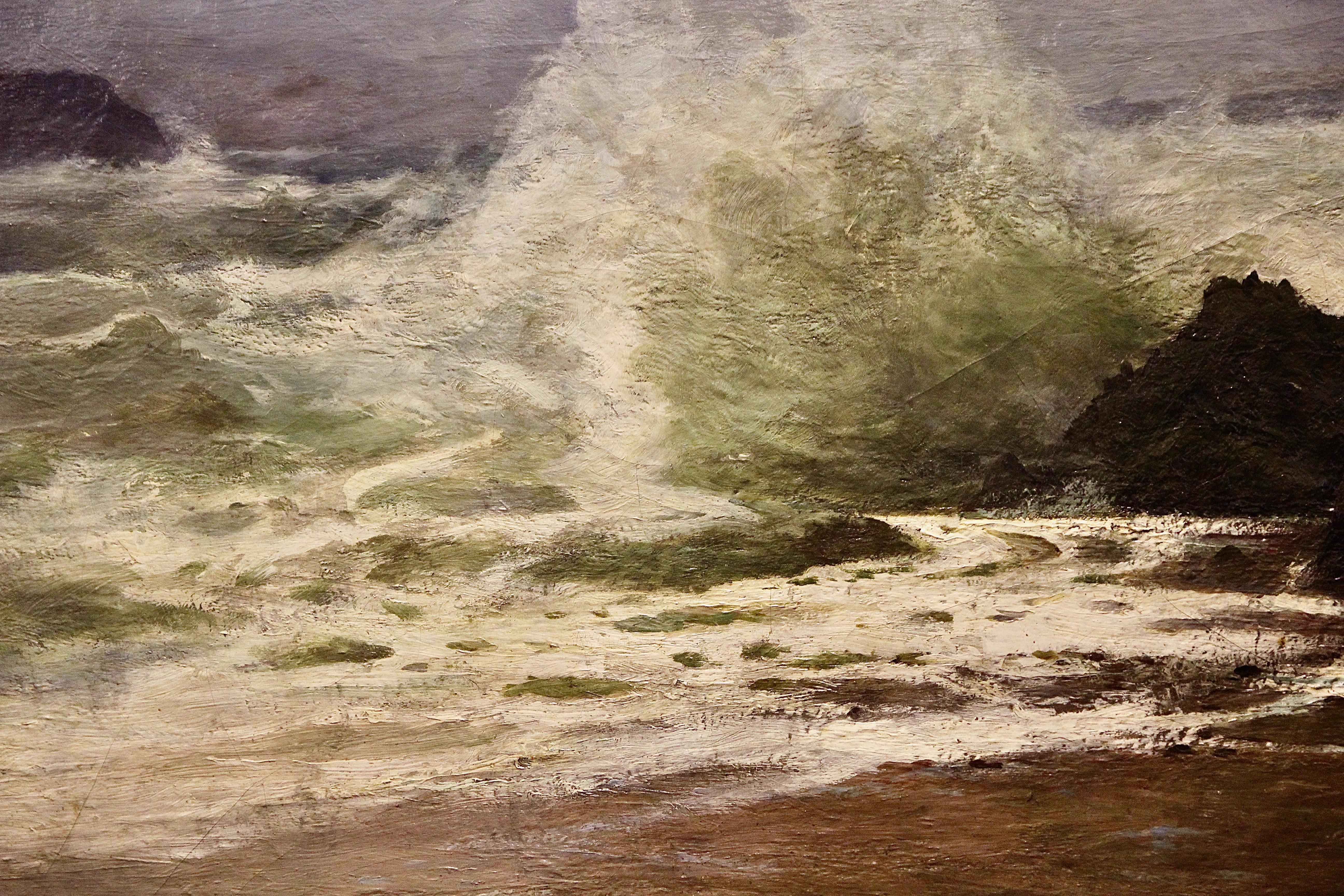 Pintura antigua, Vista costera tormentosa, siglo XIX, H. Schnabel. Óleo sobre lienzo. en venta 1