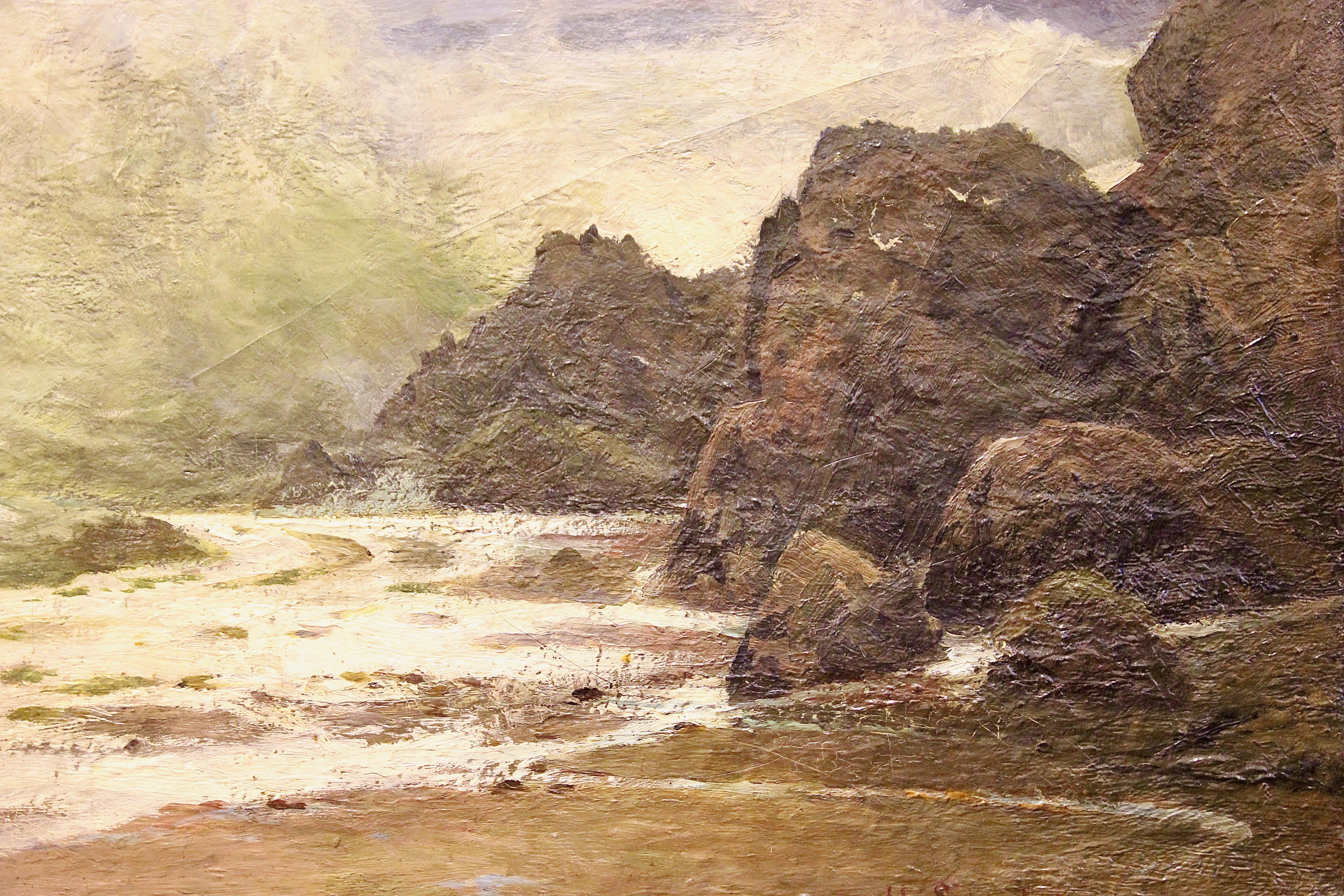 Pintura antigua, Vista costera tormentosa, siglo XIX, H. Schnabel. Óleo sobre lienzo. en venta 2