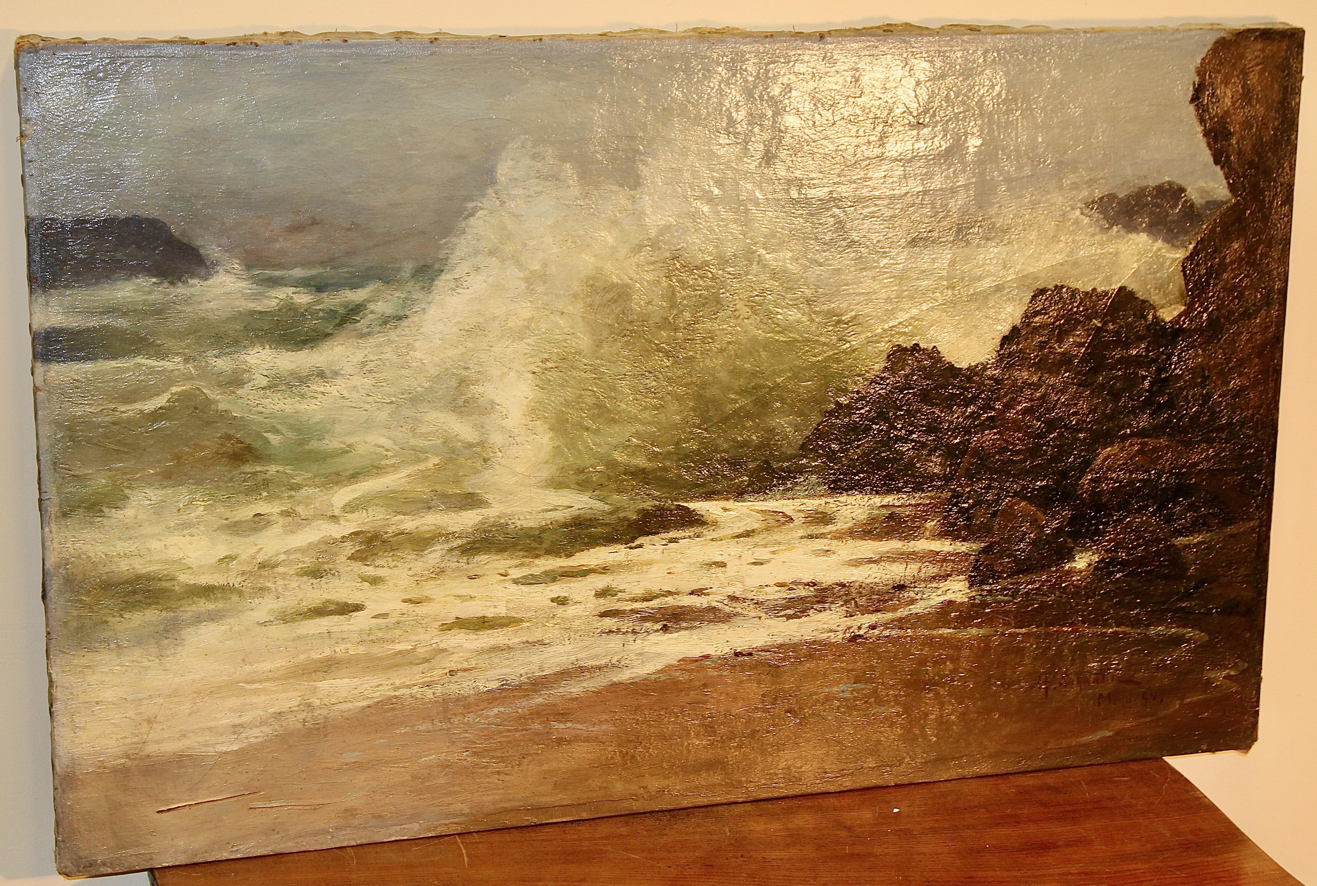 Pintura antigua, Vista costera tormentosa, siglo XIX, H. Schnabel. Óleo sobre lienzo. en venta 3