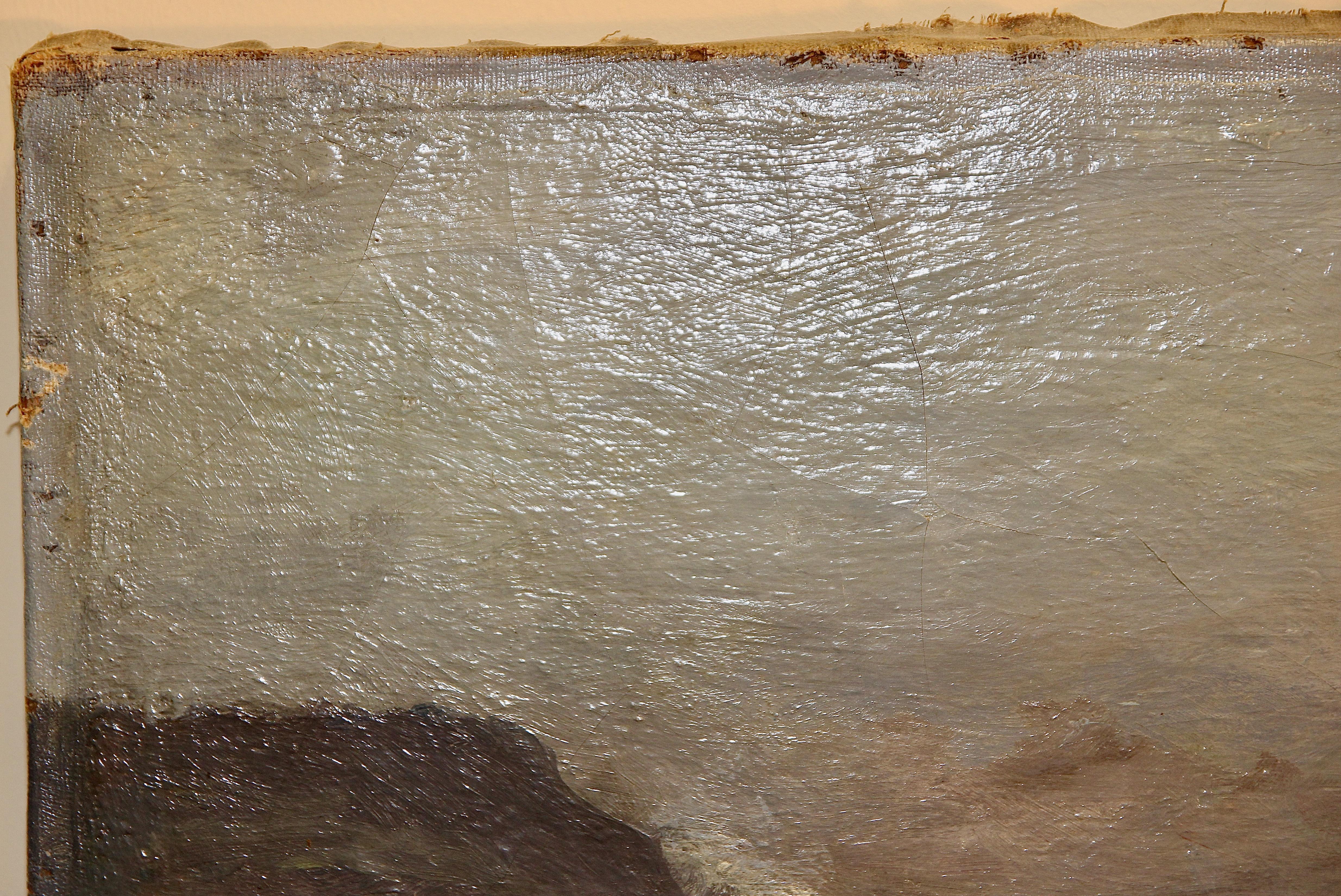 Pintura antigua, Vista costera tormentosa, siglo XIX, H. Schnabel. Óleo sobre lienzo. en venta 4