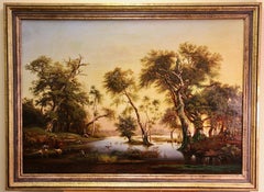 Paesaggio fluviale tropicale al tramonto, al crepuscolo, di Joseph Firmenich, 1868.
