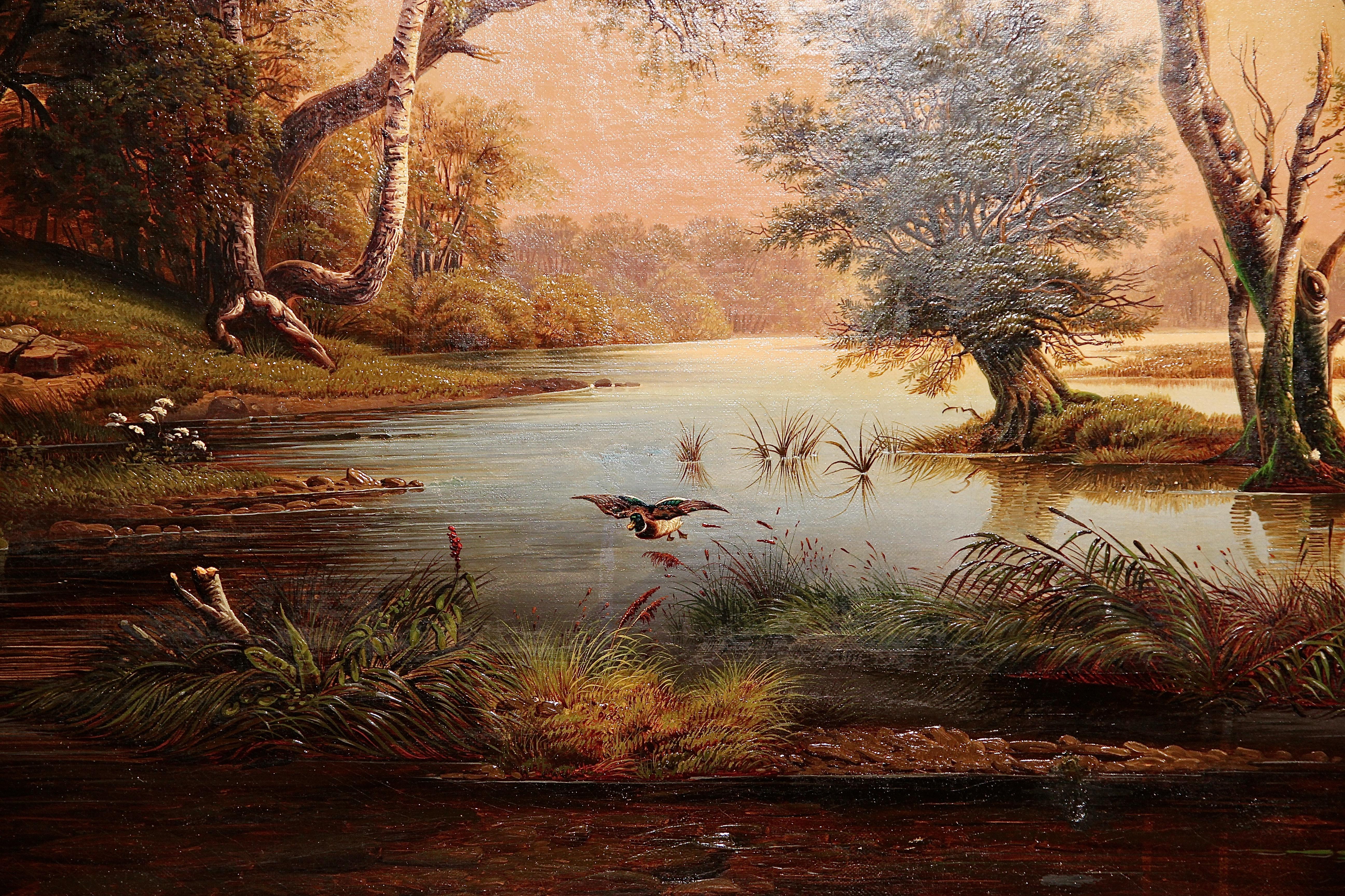 Tropical river landscape in sunset glow, signed, dated, Joseph Firmenich 1868, oil on canvas.

Very decorative and large painting. Canvas has been restored in several places.

New frame in antique style.
Dimensions without frame: 100 cm x 142