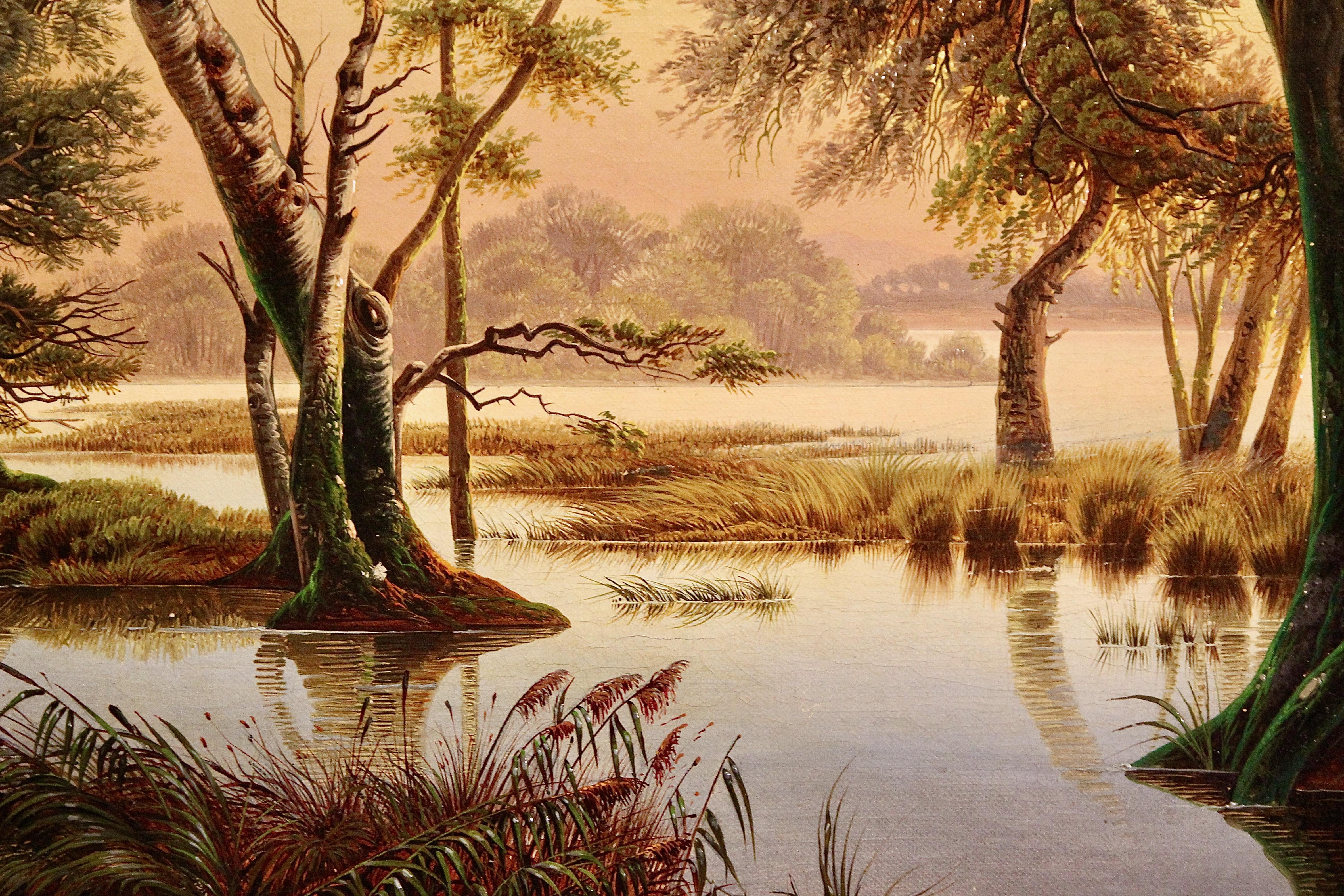 Tropische Flusslandschaft in Sonnenuntergang, Dusk, von Joseph Firmenich, 1868. im Angebot 7