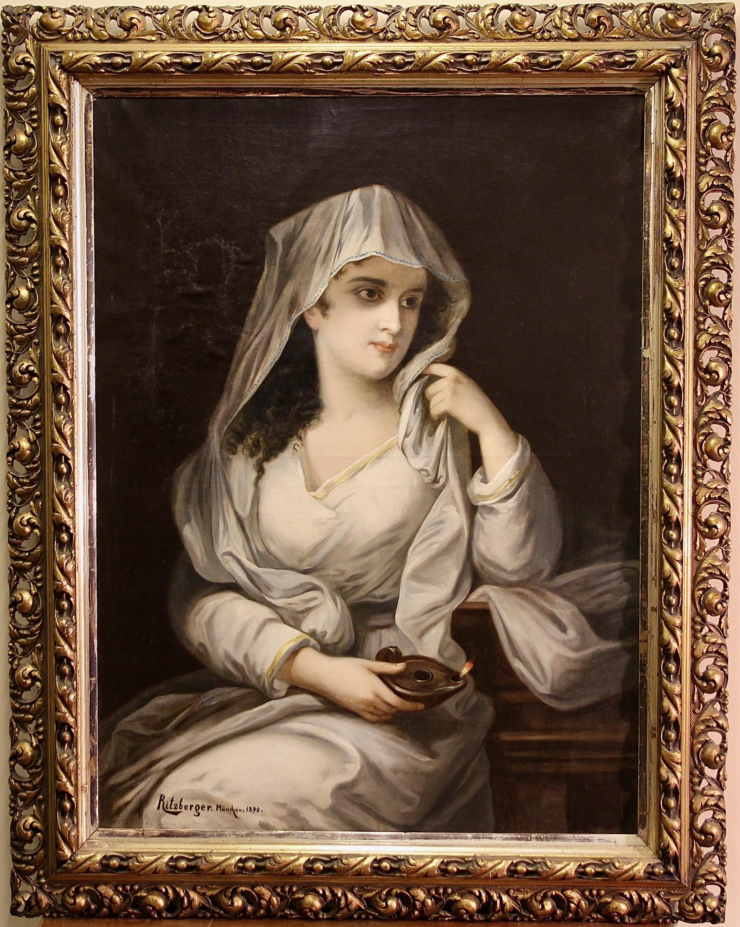 19th century Painting by Albert Ritzberger, Portrait of a Woman in a robe, garb.