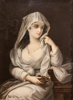 Peinture du XIXe siècle d'Albert Ritzberger, Portrait d'une femme en robe et vêtement.