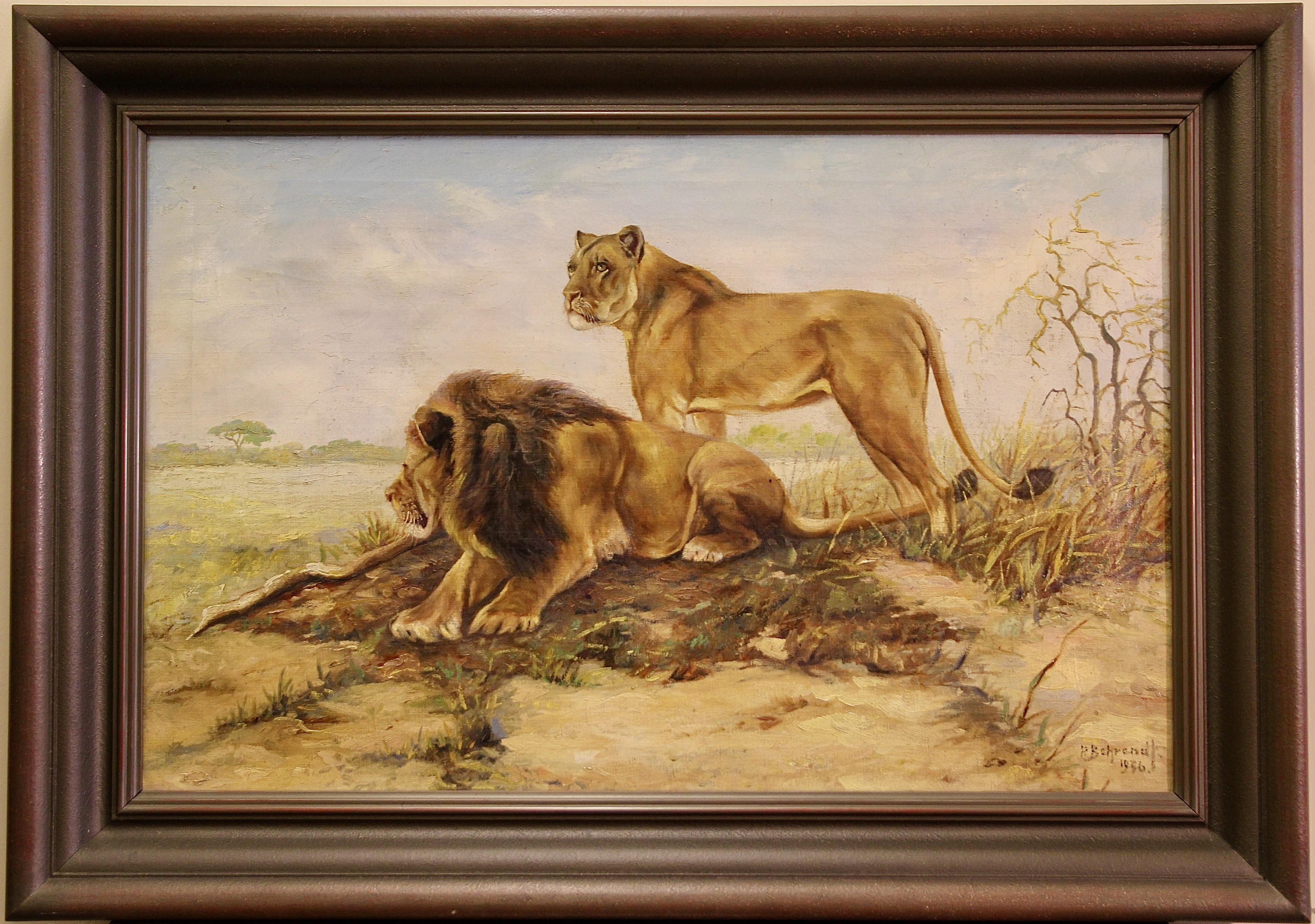 P. Behrendt Landscape Painting - Decorative Oil Painting, Pair of Lions, Safari Wilderness Landscape, Africa.