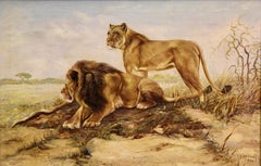 Decorative Oil Painting, Pair of Lions, Safari Wilderness Landscape, Africa.