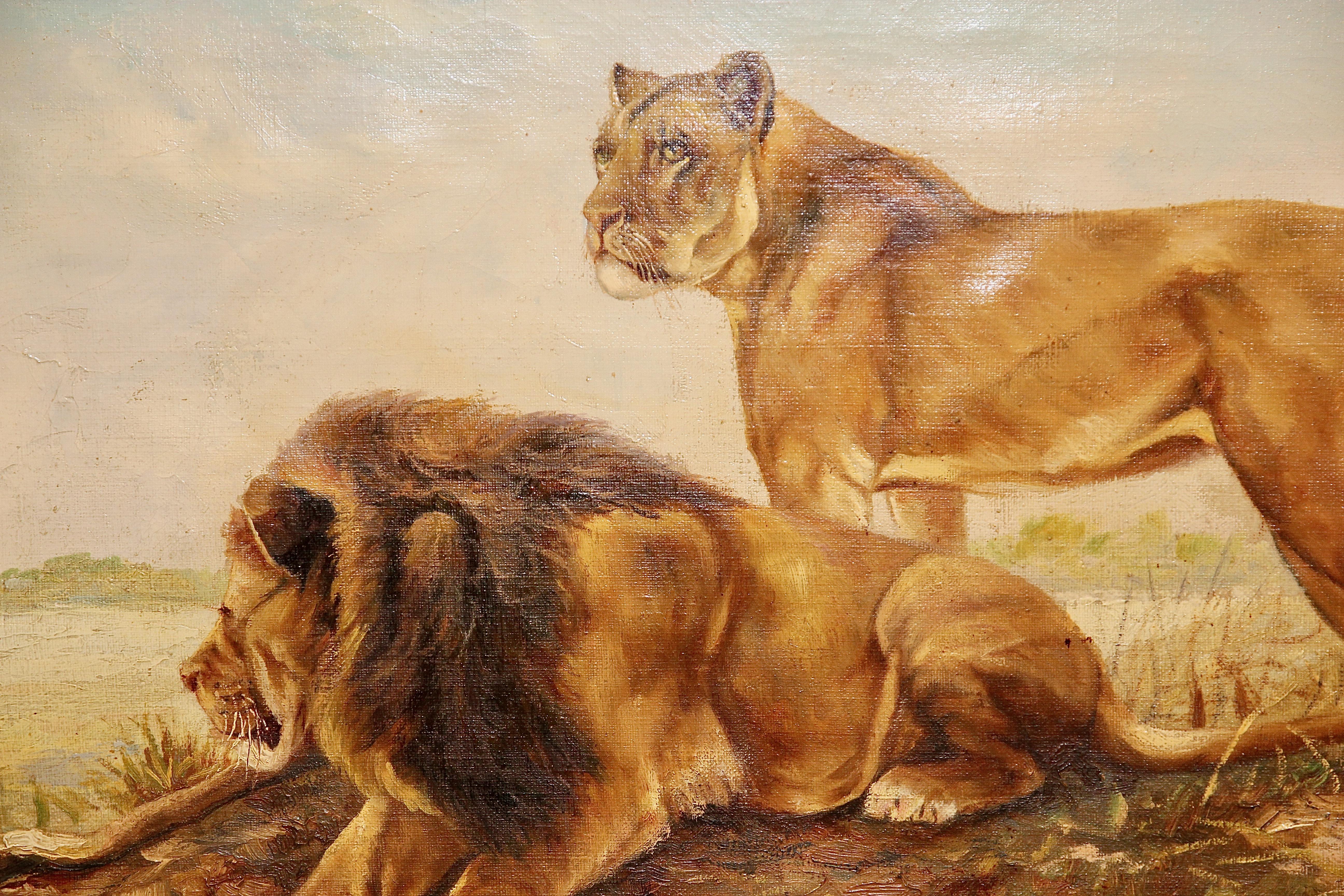 Decorative Oil Painting, Pair of Lions, Safari Wilderness Landscape, Africa. - Brown Landscape Painting by P. Behrendt