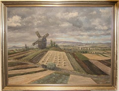 Landscape Oil Painting, Harvest Field with Windmill and Mountains.