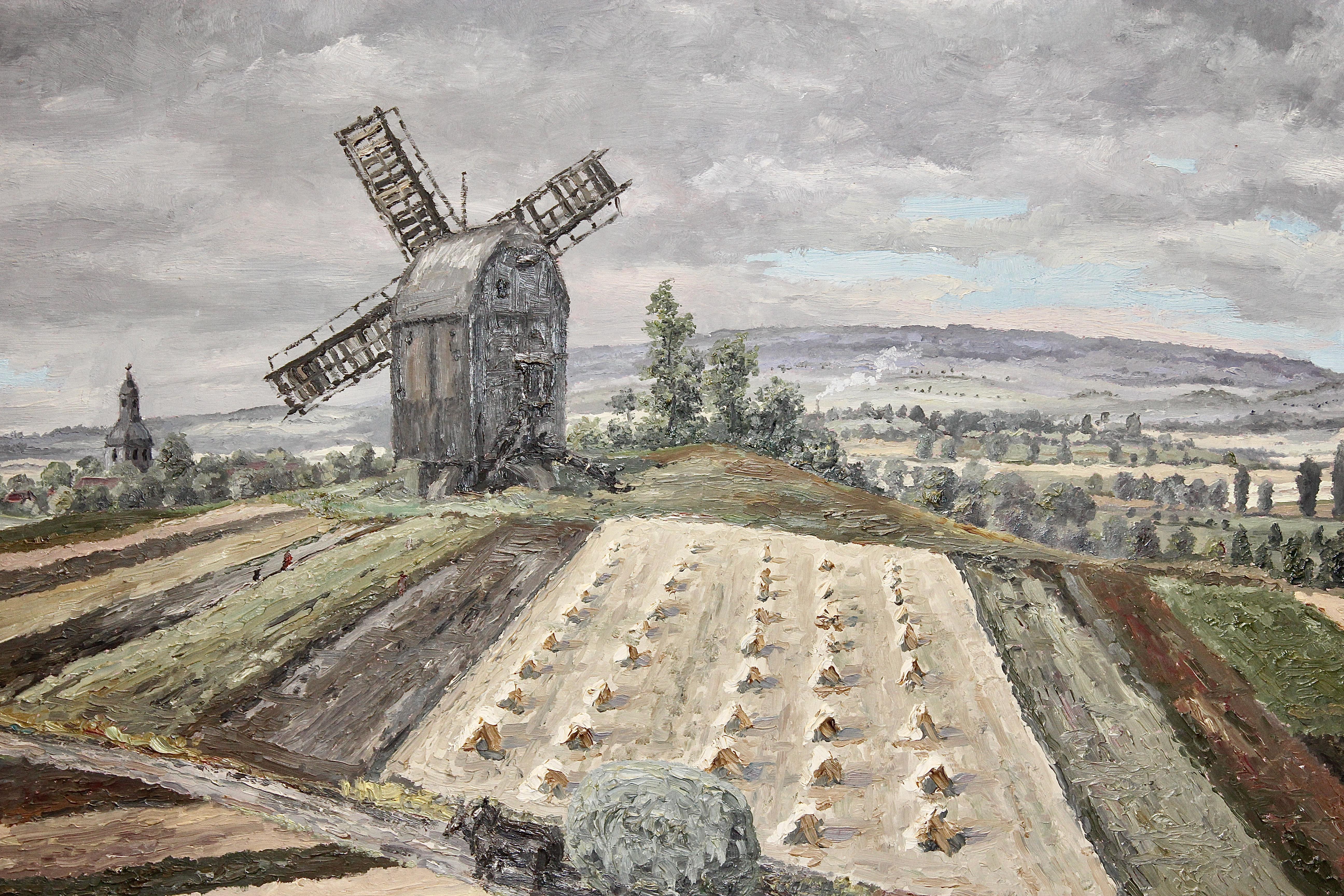 Paesaggio dipinto a olio, campo di grano con mulino a vento e montagne. - Landscape Painting Marrone di Hansen