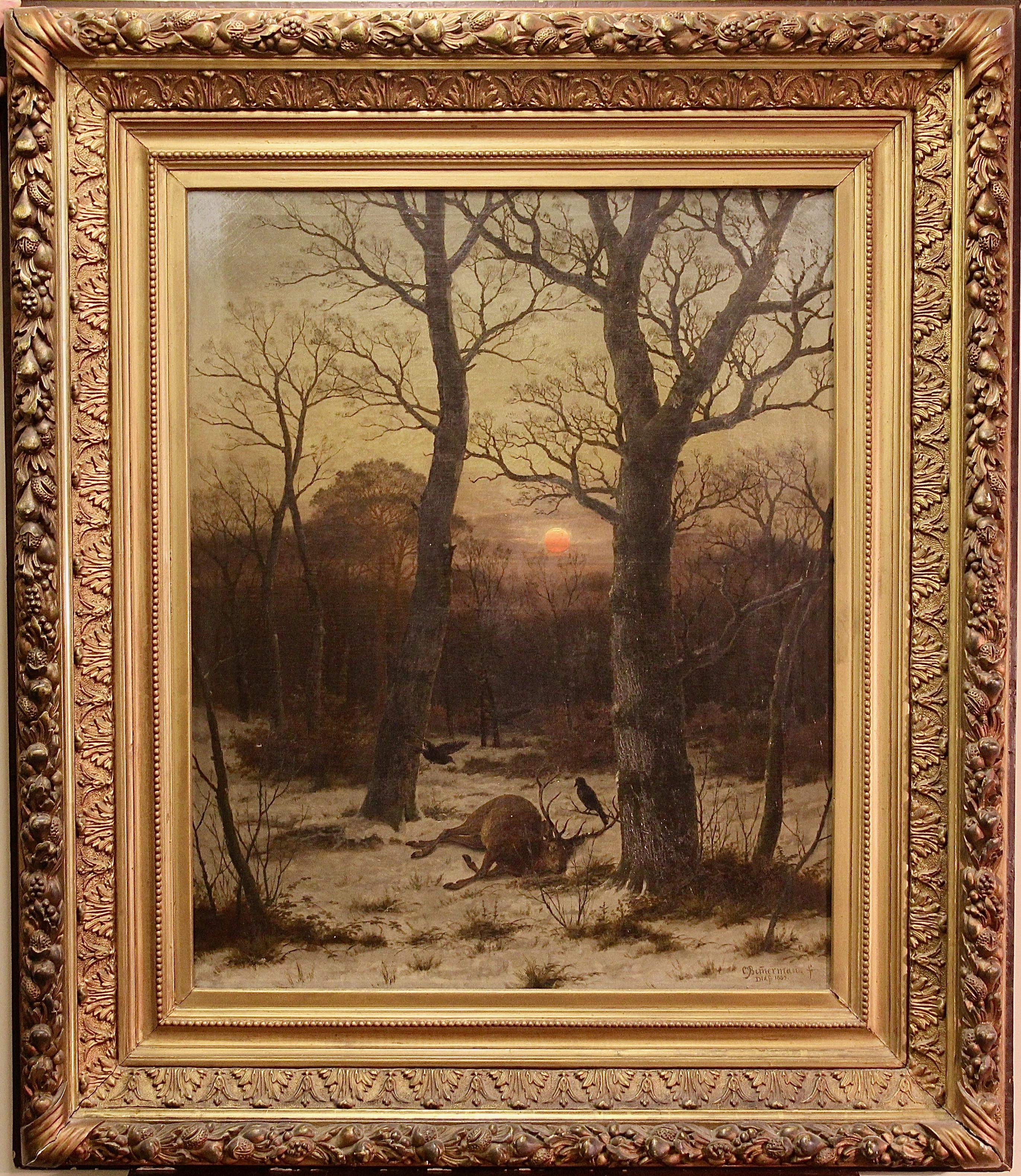 Animal Painting de Peter Franz Caesar Bimmermann - Caeser Bimmermann, Pintura al óleo, 1885. Paisaje nevado de invierno con ciervos.