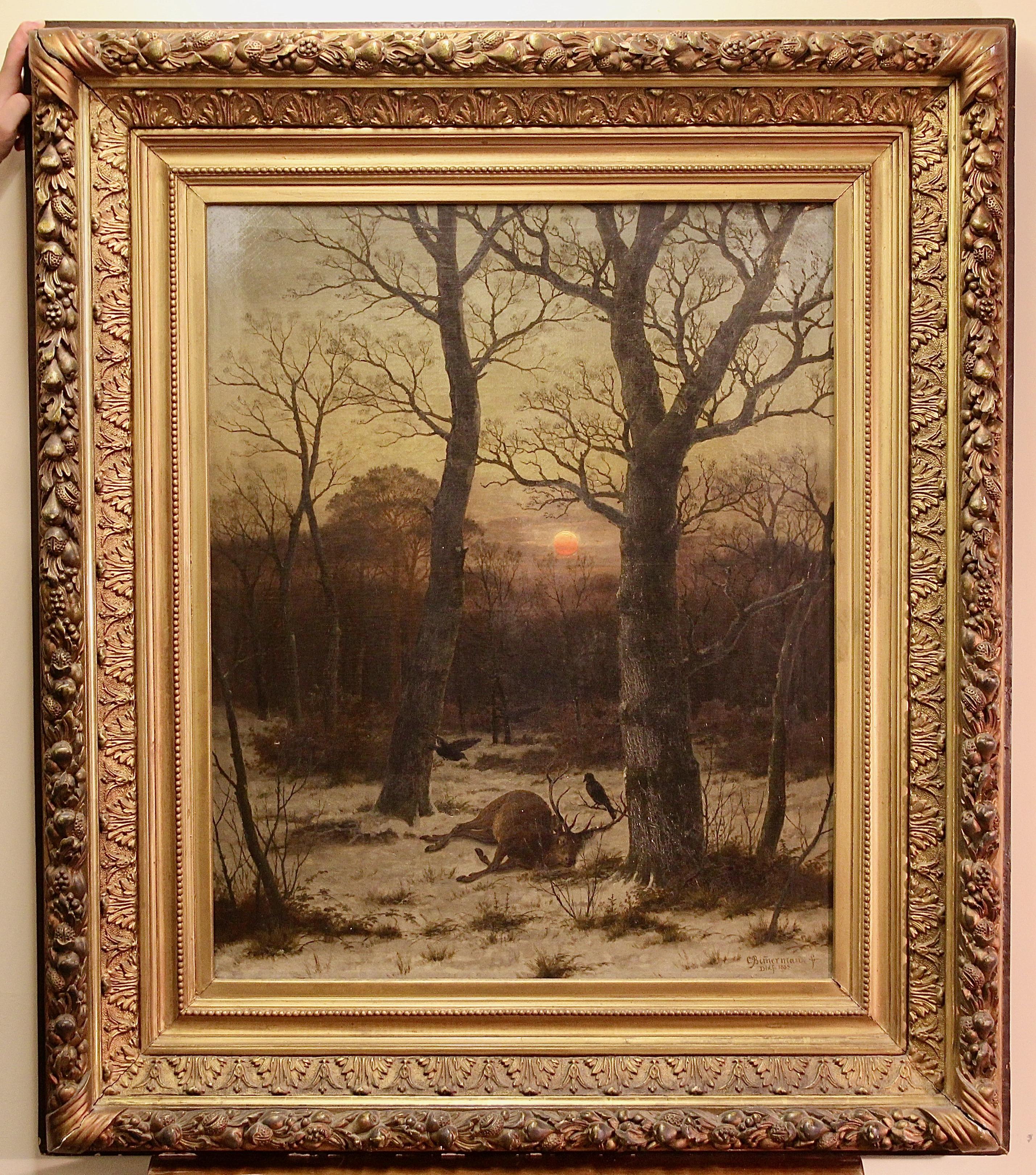 Peinture à l'huile, Caeser Bimmermann, 1885. Paysage d'hiver en neige avec cerfs. - Painting de Peter Franz Caesar Bimmermann