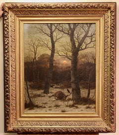 Caeser Bimmermann, Oil Painting, 1885. Snowy Winter Landscape with Deer.