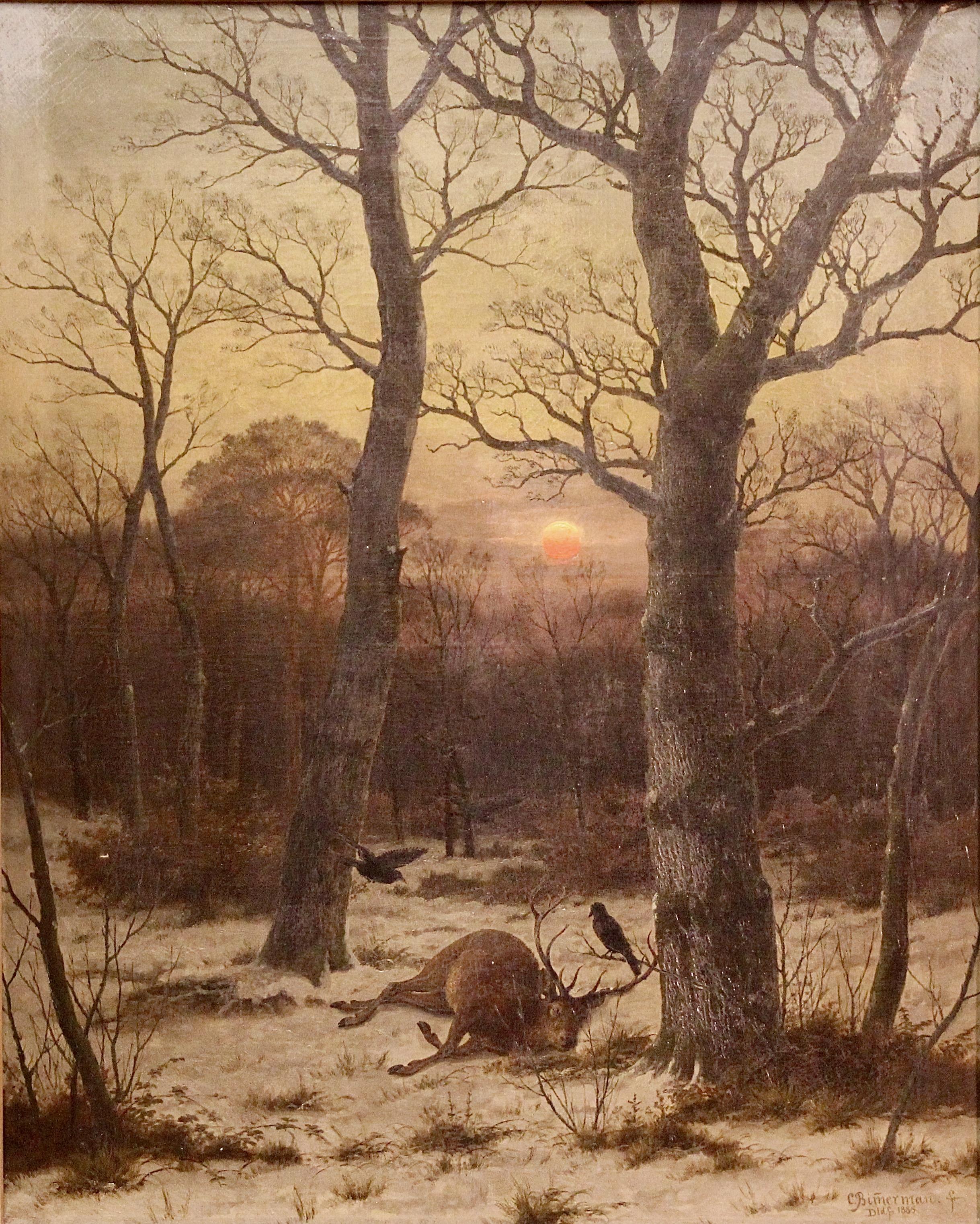Peinture à l'huile, Caeser Bimmermann, 1885. Paysage d'hiver en neige avec cerfs. - Marron Animal Painting par Peter Franz Caesar Bimmermann