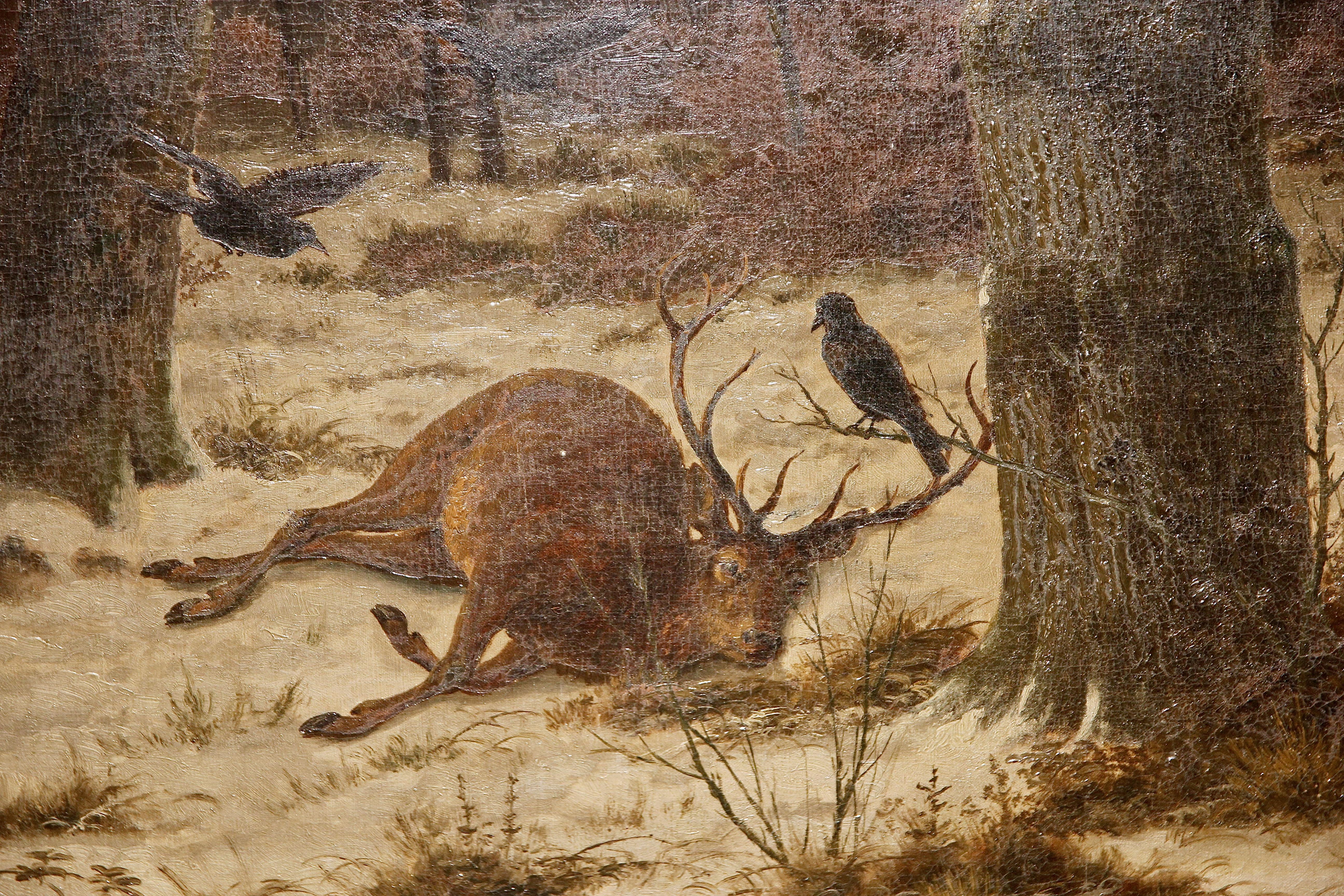 Caeser Bimmermann, Oil Painting, 1885. Snowy Winter Landscape with Deer. For Sale 2