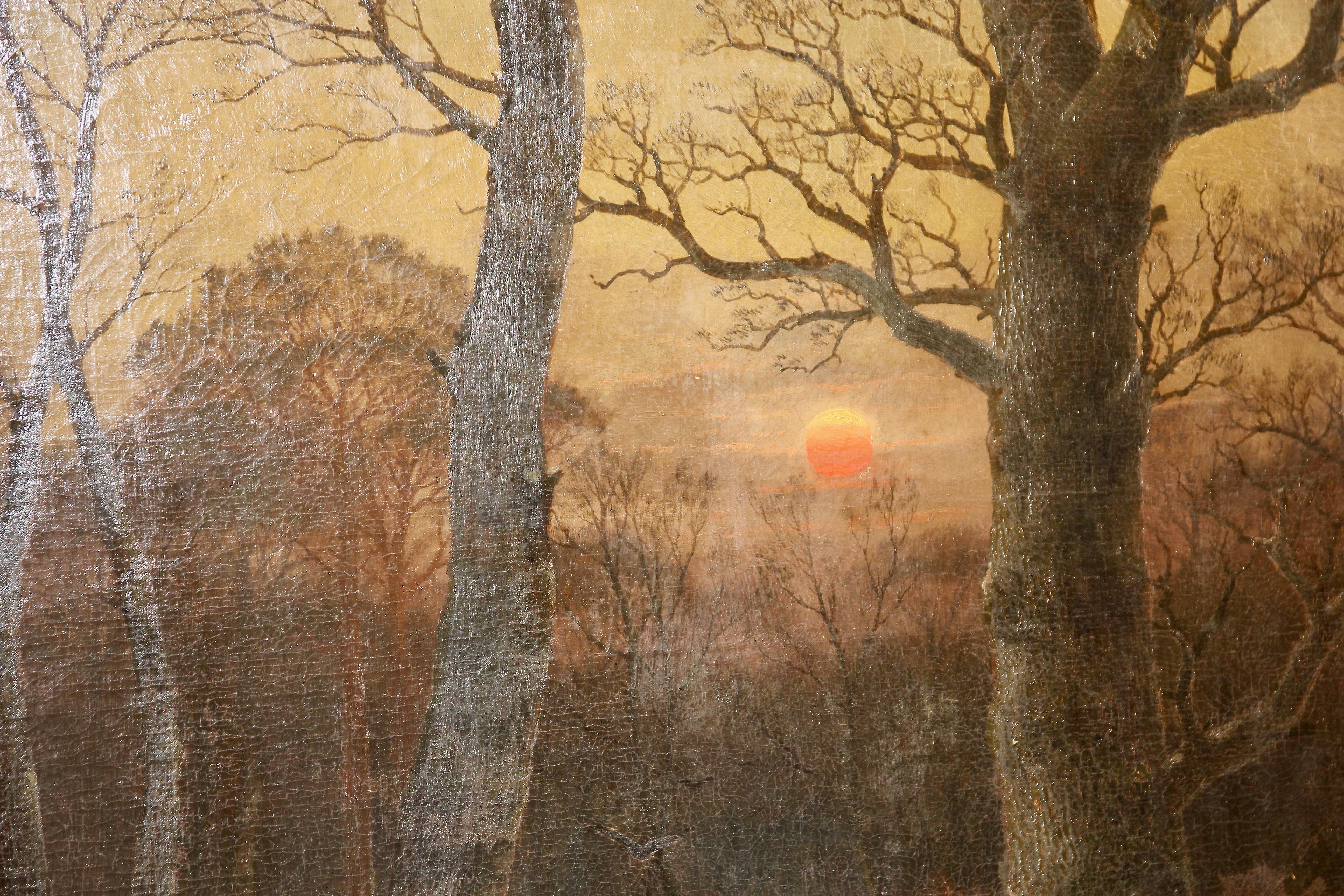 Caeser Bimmermann, Oil Painting, 1885. Snowy Winter Landscape with Deer. For Sale 3