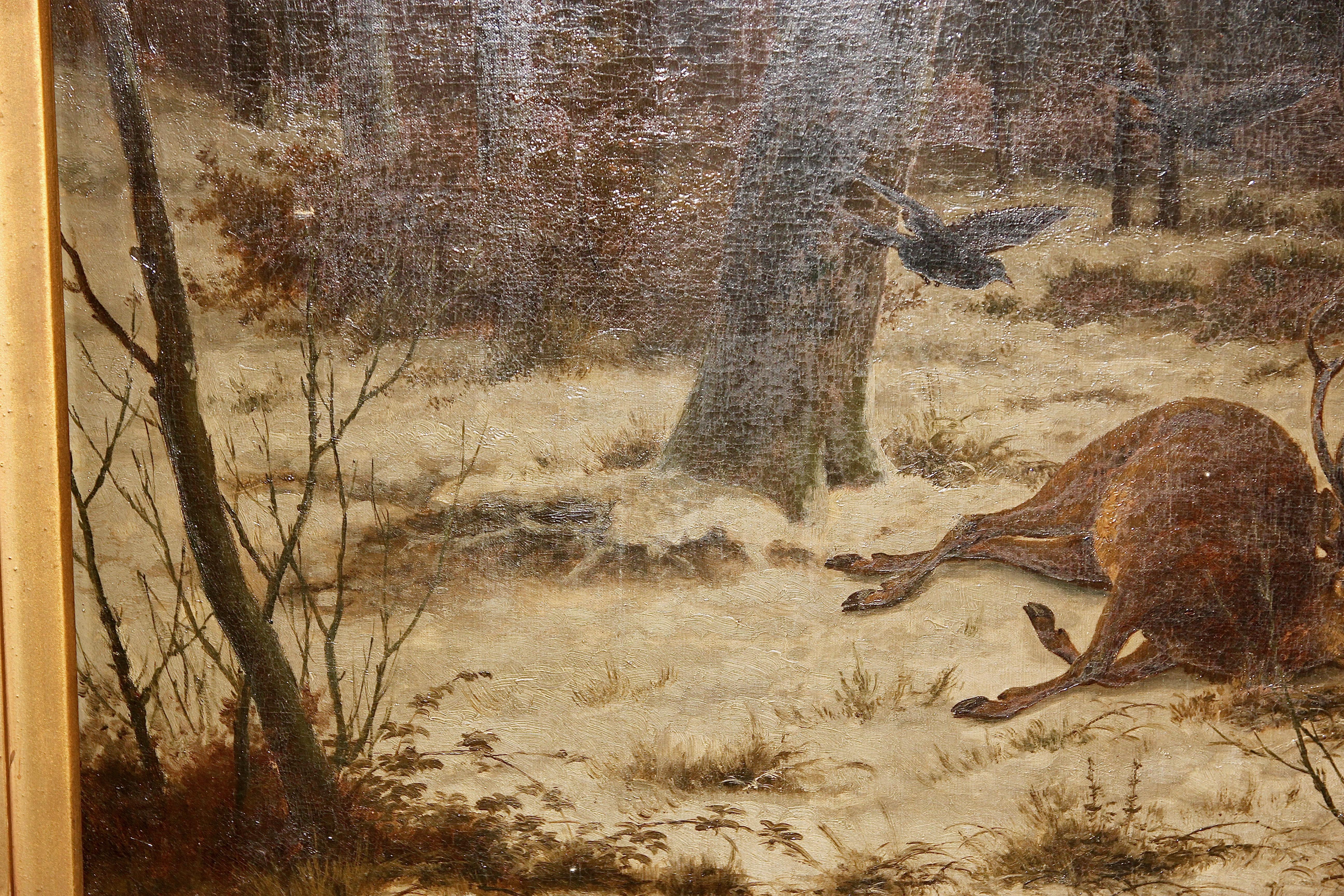 Caeser Bimmermann, Oil Painting, 1885. Snowy Winter Landscape with Deer. For Sale 4