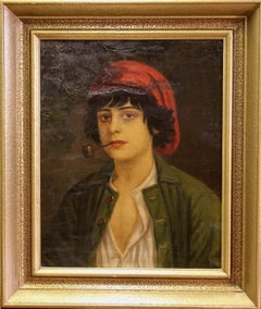 Antique Oil Painting. Portrait of an Italian Boy with a Pipe, by Anton Kaulbach.
