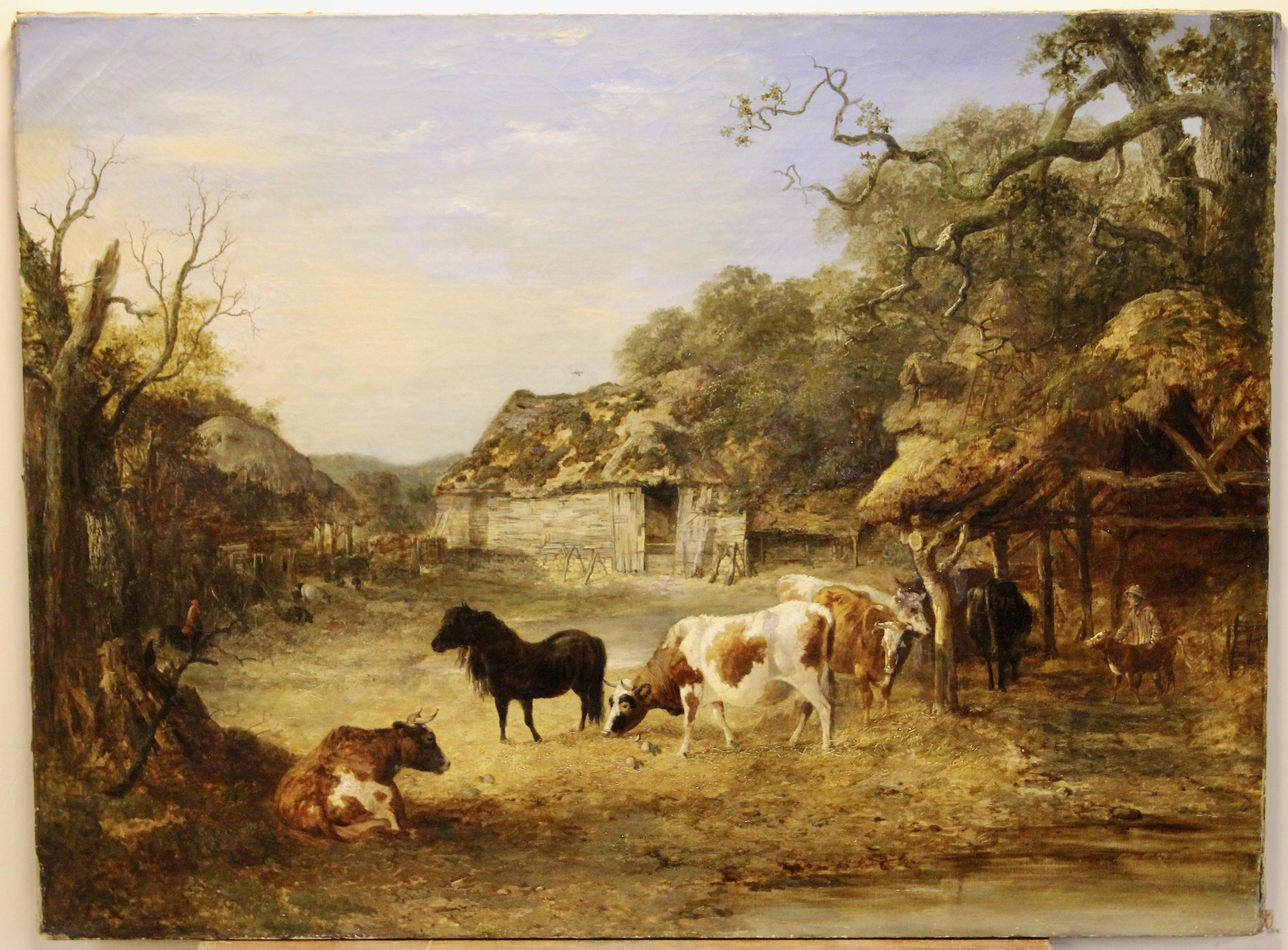 Peinture à l'huile de John Dearman 1852, Paysage, Ferme avec vaches et chevaux, Poney. en vente 1