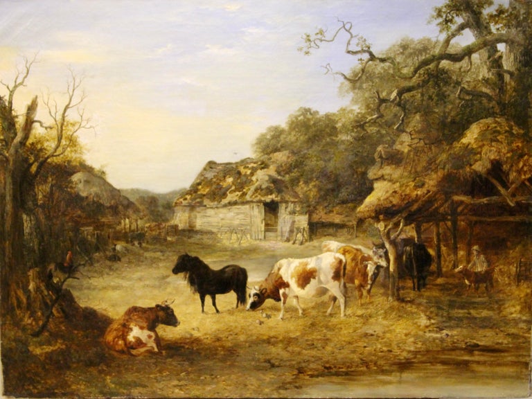 Oil painting by John Dearman 1852, farm with cows and horse.

Signed and dated lower left.
Unframed. Age-related condition.

Painting has been professionally restored.