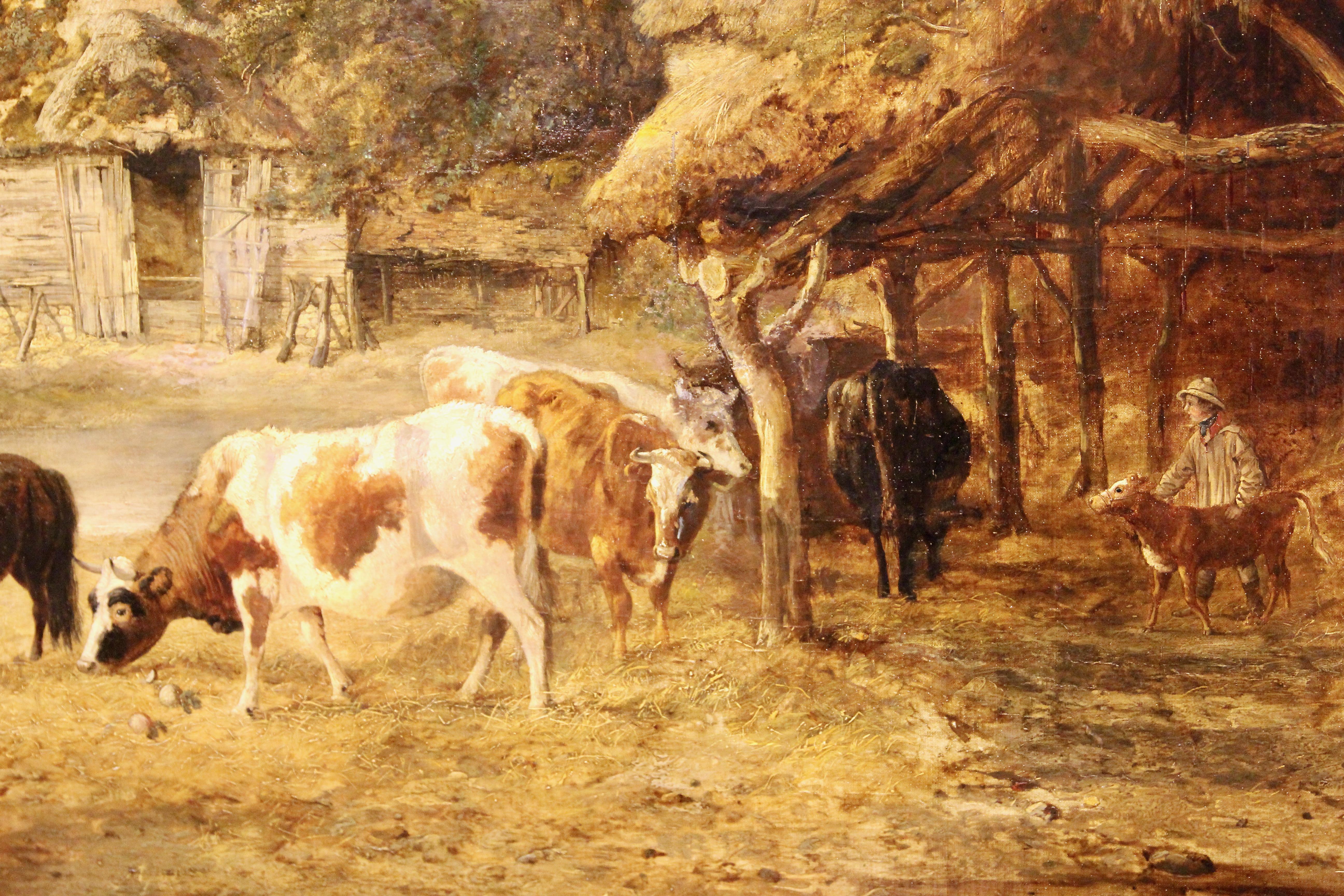 Peinture à l'huile de John Dearman 1852, Paysage, Ferme avec vaches et chevaux, Poney. en vente 2