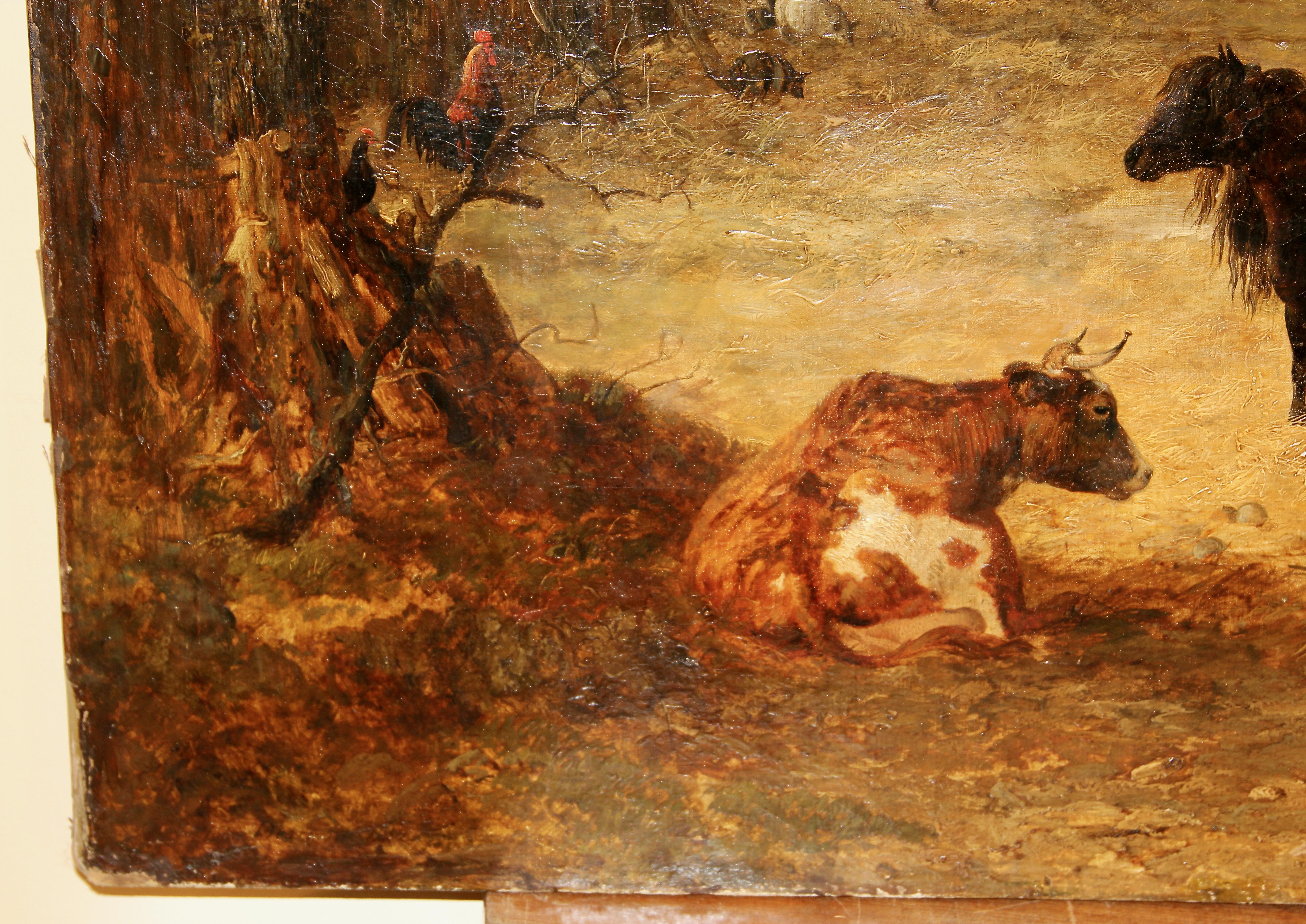 Peinture à l'huile de John Dearman 1852, Paysage, Ferme avec vaches et chevaux, Poney. en vente 5