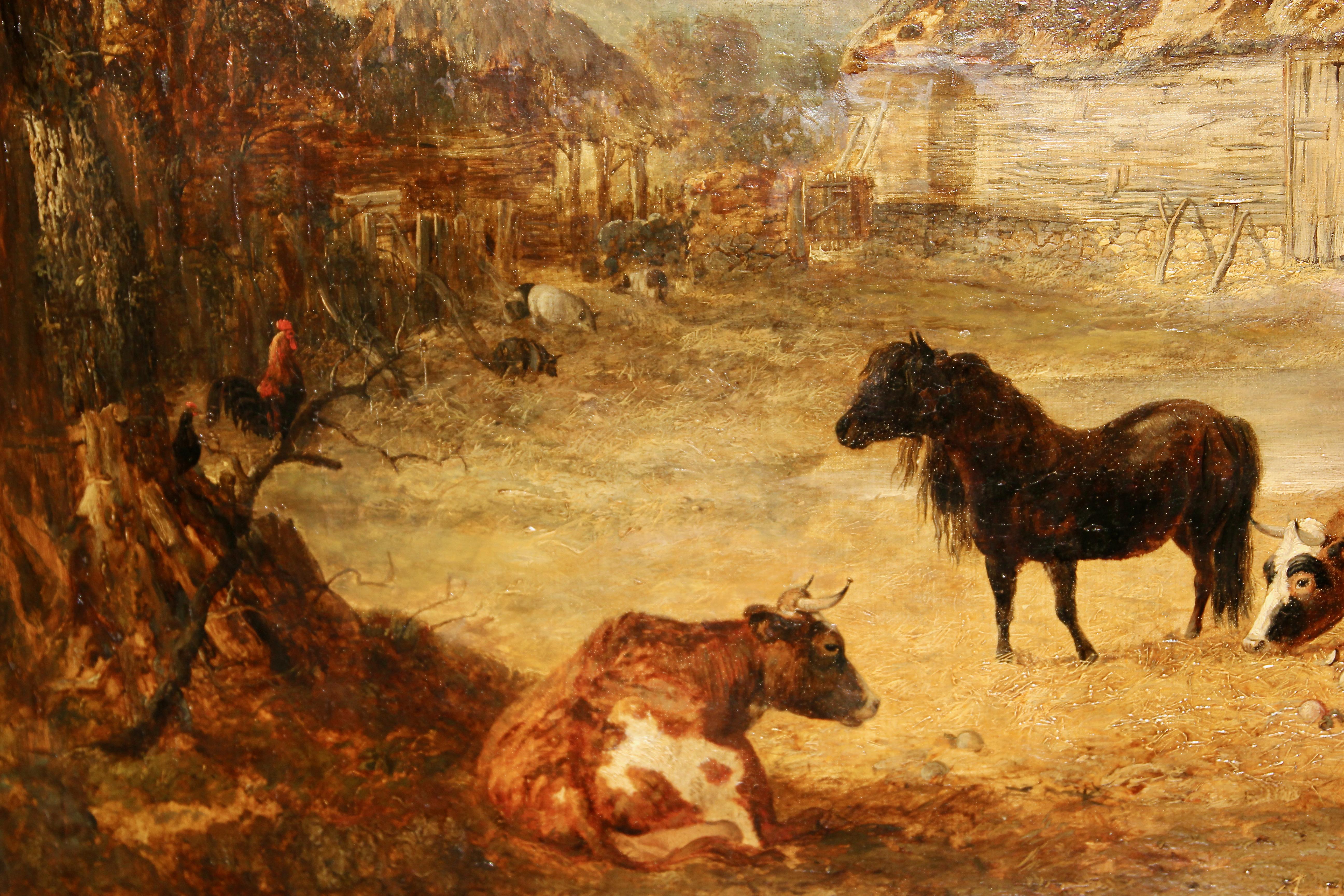 Peinture à l'huile de John Dearman 1852, Paysage, Ferme avec vaches et chevaux, Poney. en vente 3