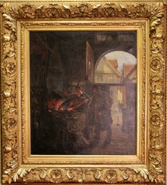 Antique Oil Painting by Anders Montan, "In the Forge, Smithery, Blacksmith" 19th Century