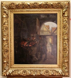 Oil Painting by Anders Montan, "In the Forge, Smithery, Blacksmith" 19th Century