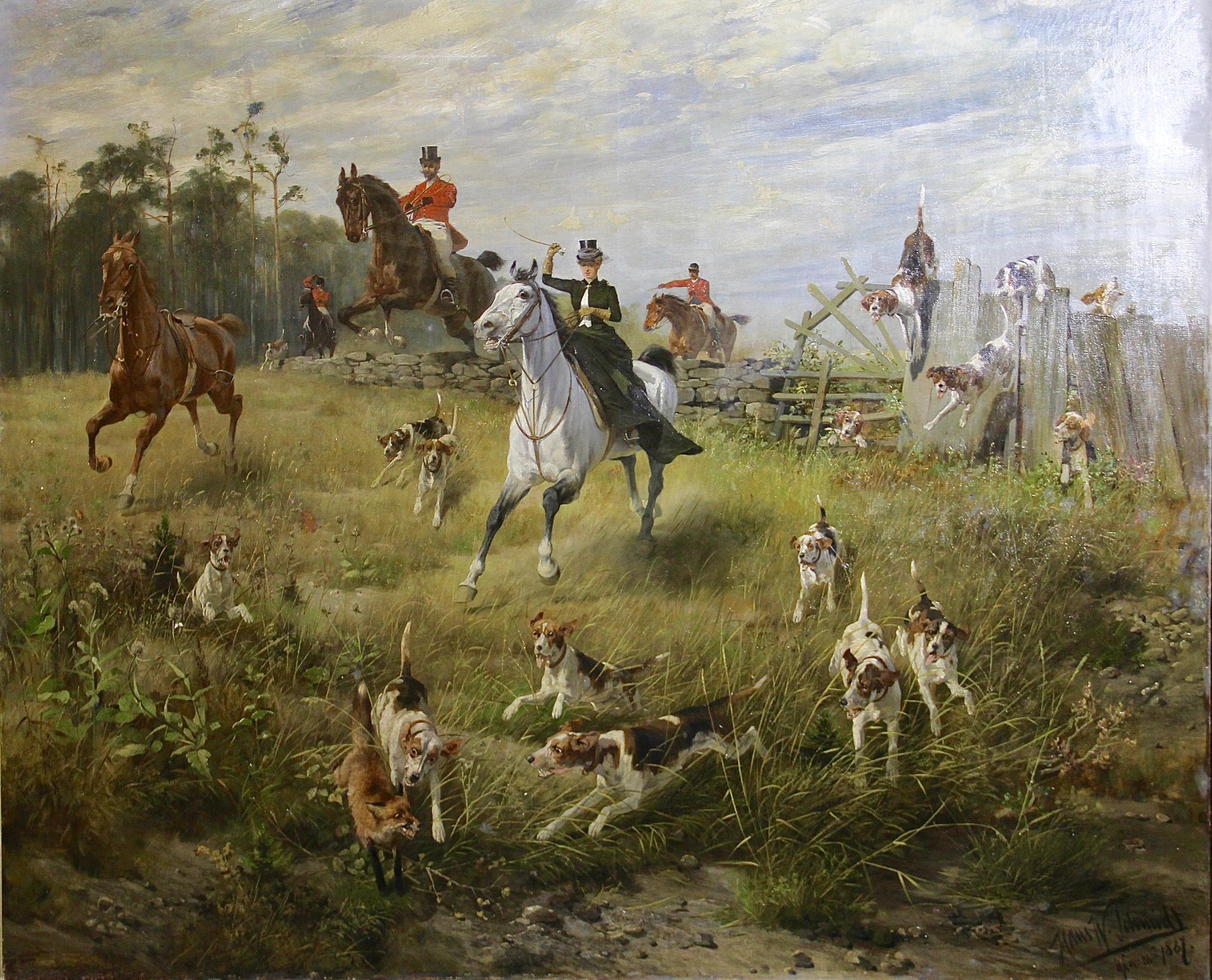Hans Werner Schmidt Animal Painting - Large, impressive oil painting. Hunting scene. 19th century. "Fox in trouble".