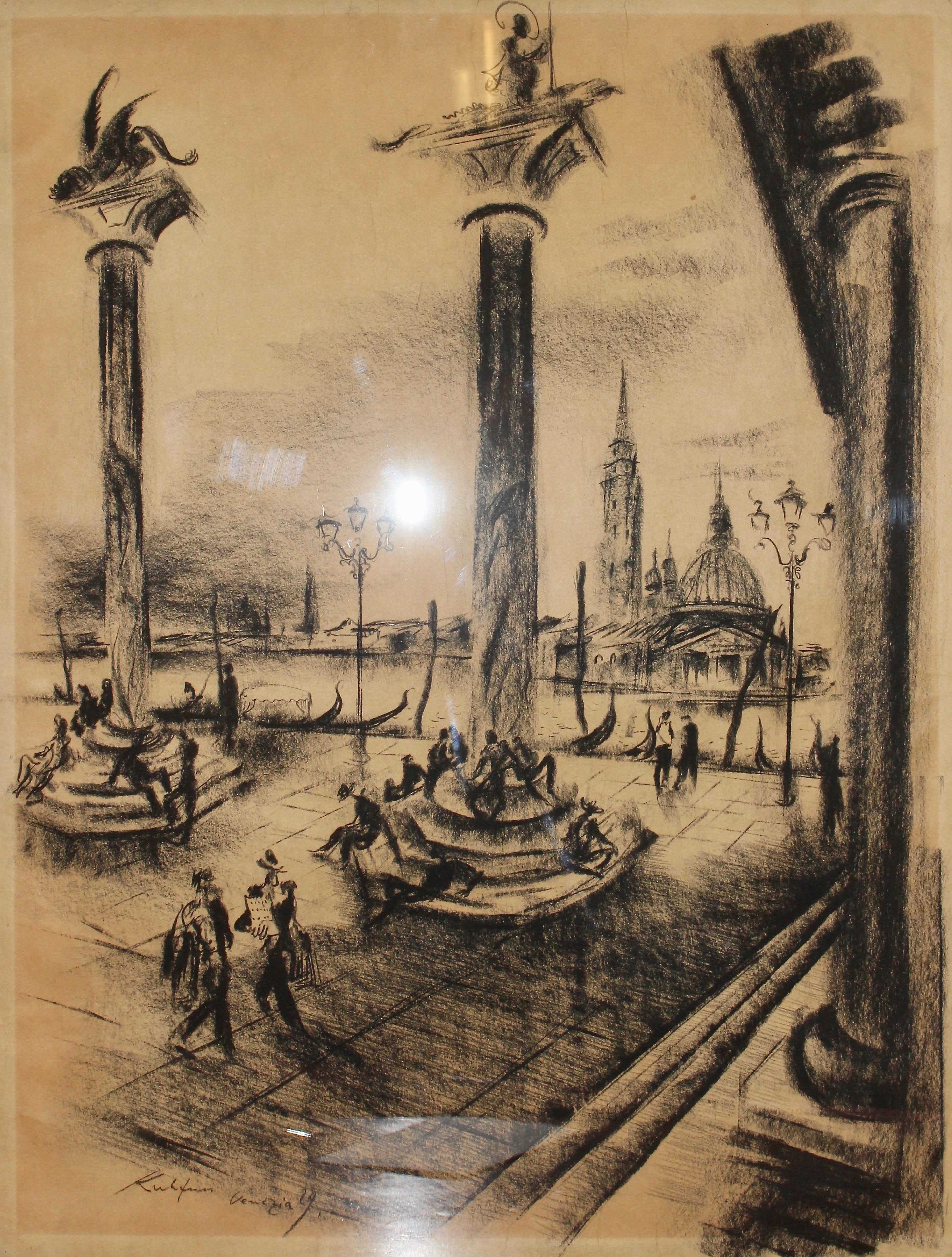 Peinture, 20e siècle, dessin au fusain « Venise - Venezia » de Paul Kuhfuss