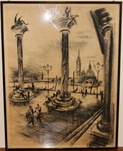 Peinture, 20e siècle, dessin au fusain « Venise - Venezia » de Paul Kuhfuss