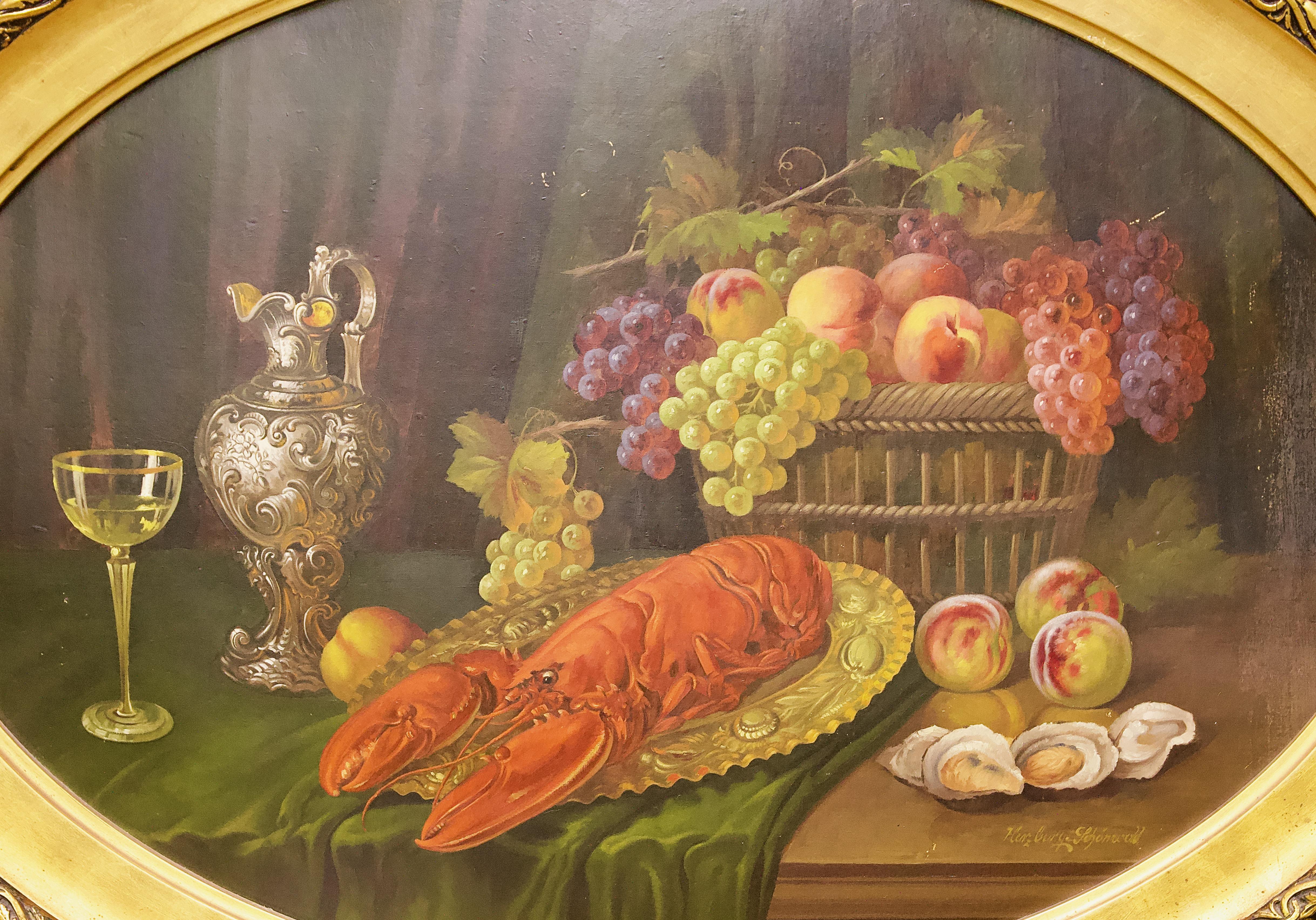Oval Still Life, with Fruits and Lobster. Oil Painting by Herzberg-Schönwald.